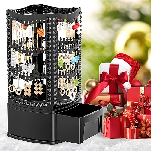 Miniatura 9 de Soporte giratorio de 360 aretes y organizador de joyas estante de joyería de 4 niveles soporte clásico 156 agujeros y 160 ranuras para mujeres y