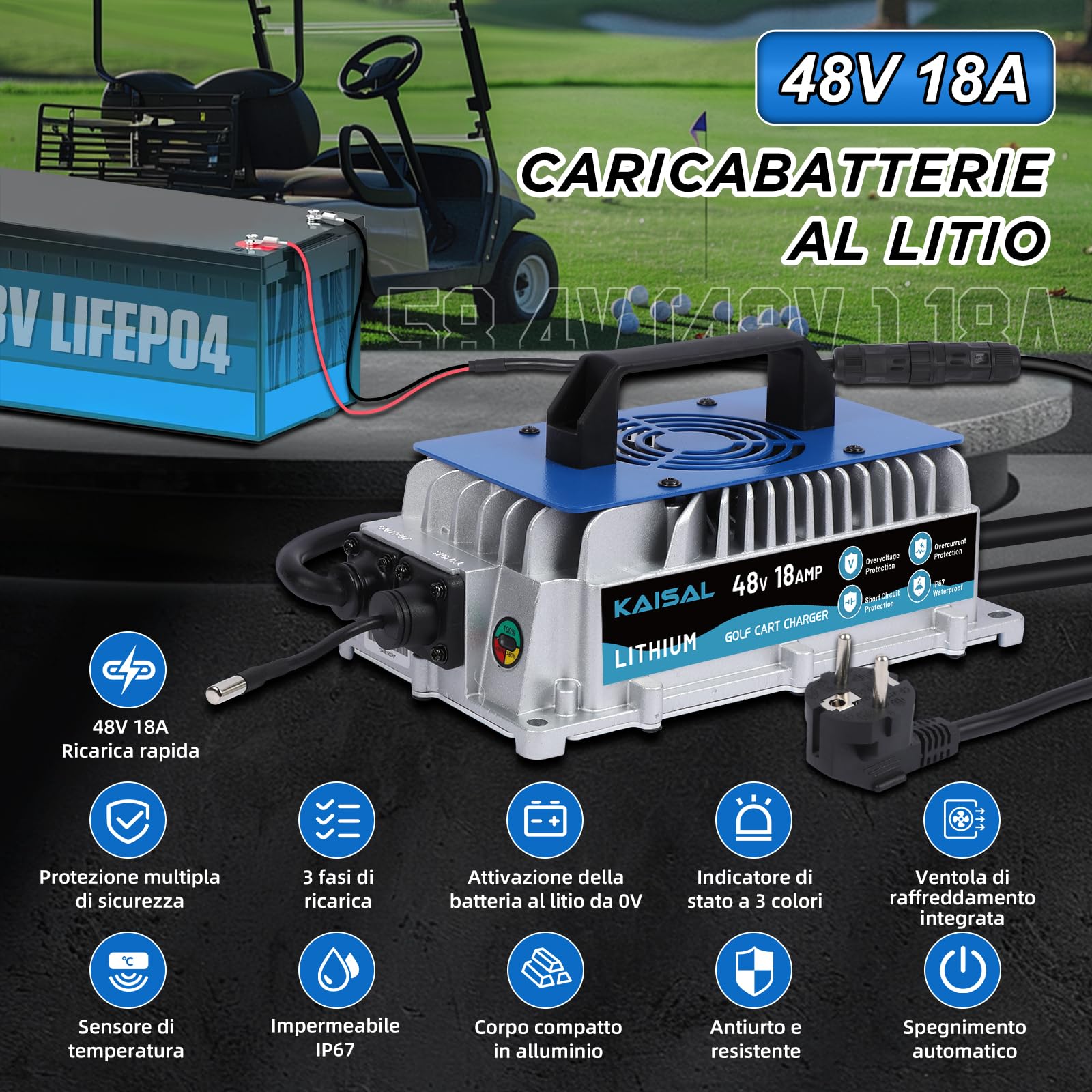 KAISAL Caricabatterie per Batterie Litio 58.4 V 18 A, Caricabatterie per Batterie al Litio da 48 V (51,2 V), è Impermeabile IP67 Carica per Batteria LiFePO4 per Golf Cart, Barca, Camper, Solare