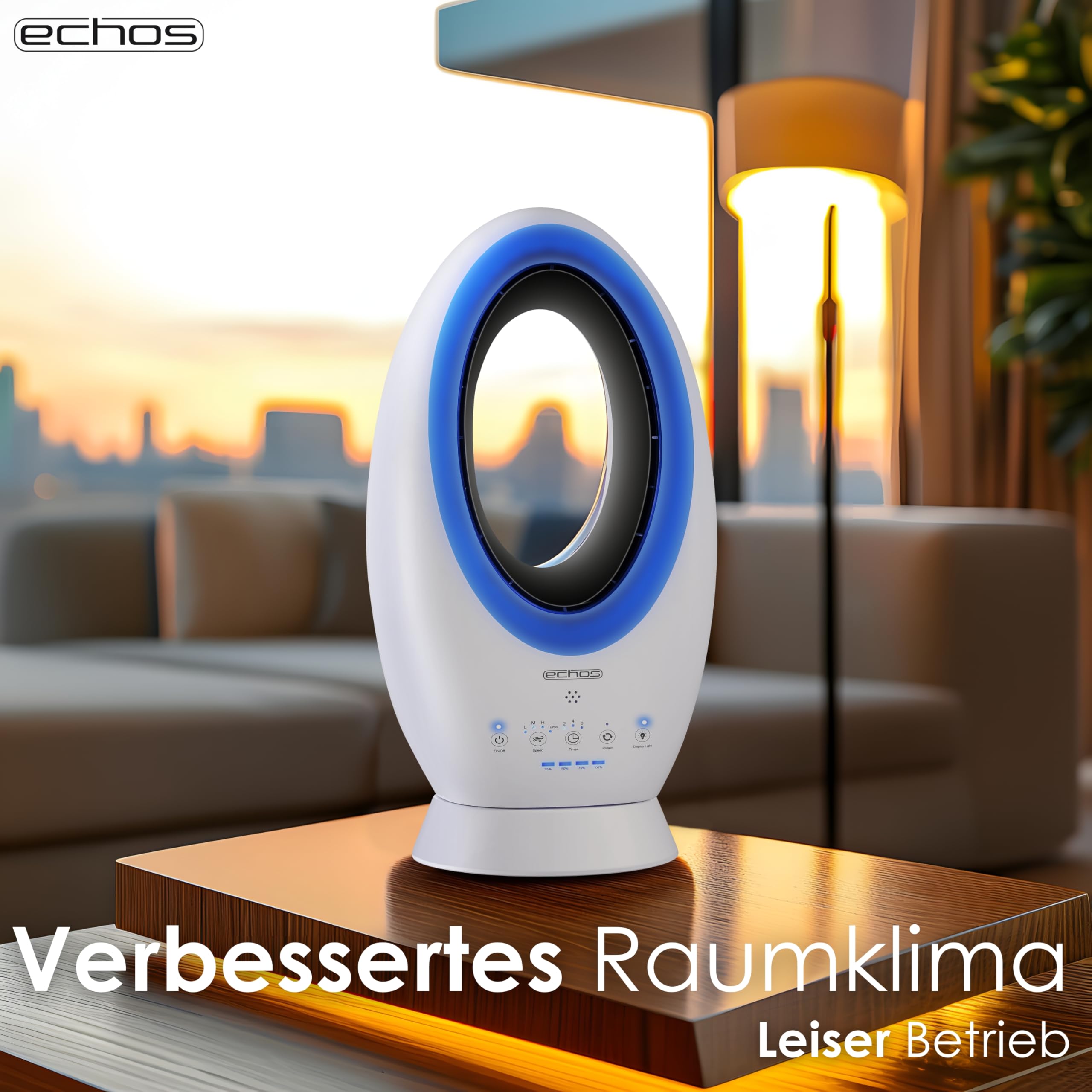 Echos®- 2-in-1 Design Akku Turmventilator Standventilator mit Fernbedienung kabellos - Akku- oder Strombetrieb - Leiser Ventilator Tischventilator oszillierend - Fernbedienung LED Beleuchtung