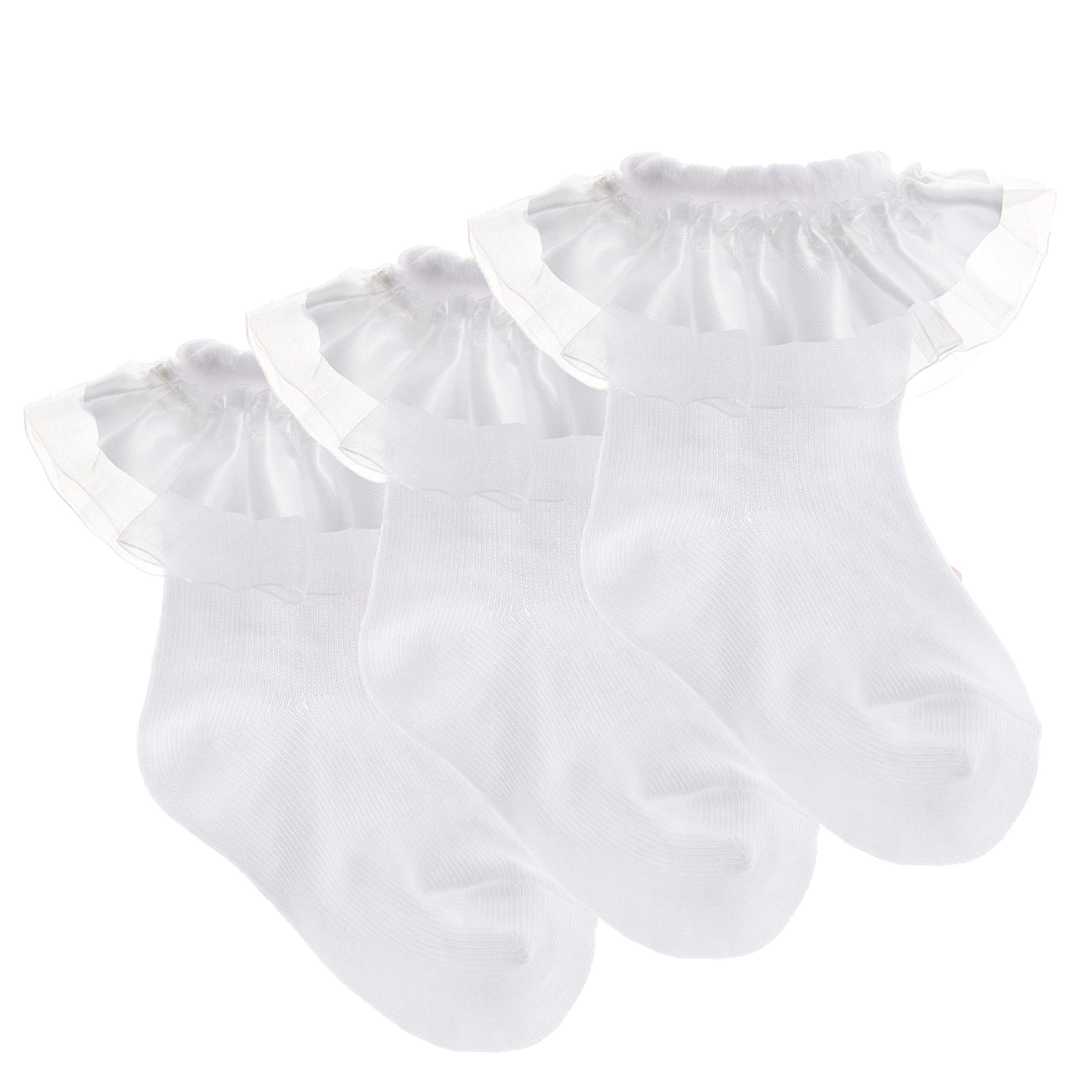 Metzuyan 3 Pairs Baby Girls Tutu Frillly White and Pink Cotton Rich White Frill Lace Trim 0-2.5