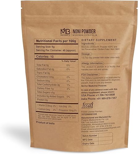Miniatura 2 de MB Herbals Noni Powder 8 oz  227g (0.5 lb)  Se mezcla fácilmente con jugos de batidos  Sin conservantes  Sin gluten  45 porciones por paquete