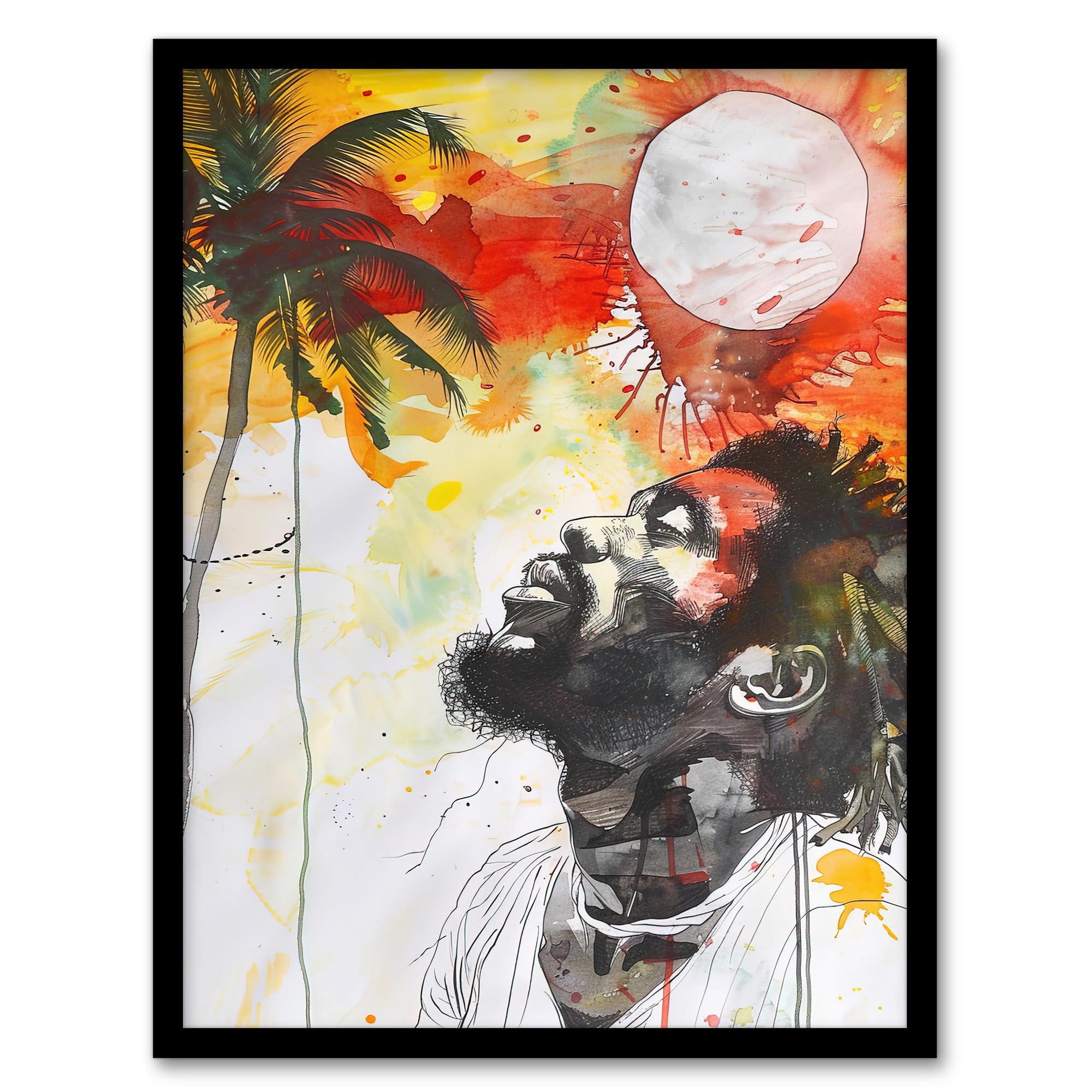 Artery8 Jamaican Man Portrait Sunset Palm Tree Rastafari Living Room Artwork Framed Wall Art Print 18X24 Inch