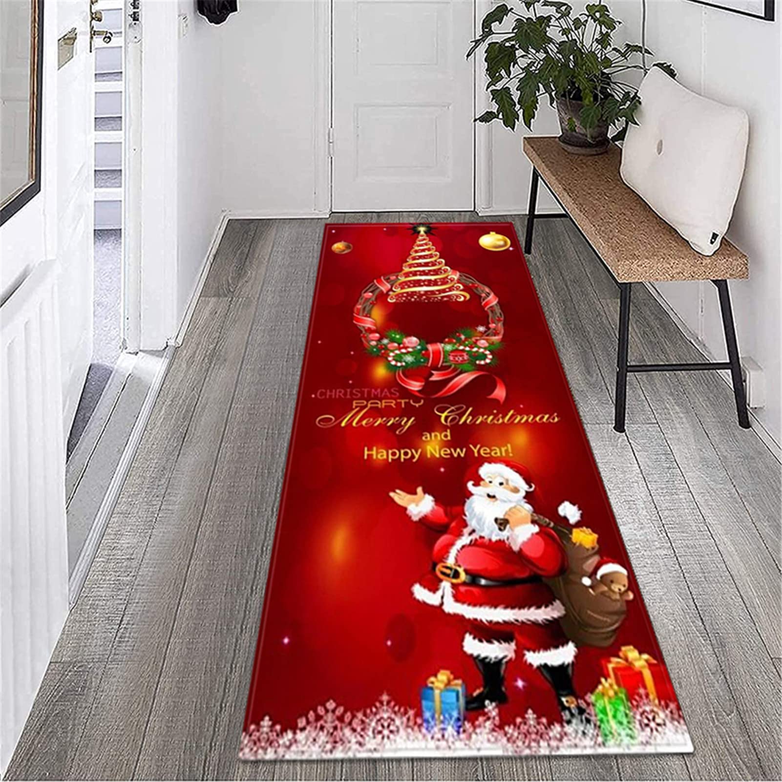 Alfombra De Navidad 3D Alfombra para Pasillo De Poliéster Alfombra Cocina Antideslizante Lavable Alfombra De Baño Felpudo De Papá Noel, Decoraciones Navideñas Rojas,60x180cm/23.6"x70.8"