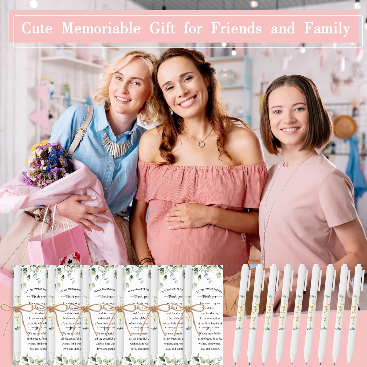 Tenceur 100 Set Baby Shower Pens Greenery Baby Shower Favor for Guest Sage Ballpoint Pens with Woodland Thank You Cards Gender Reveal Party Favor for Girl Boy Party Souvenirs Prizes