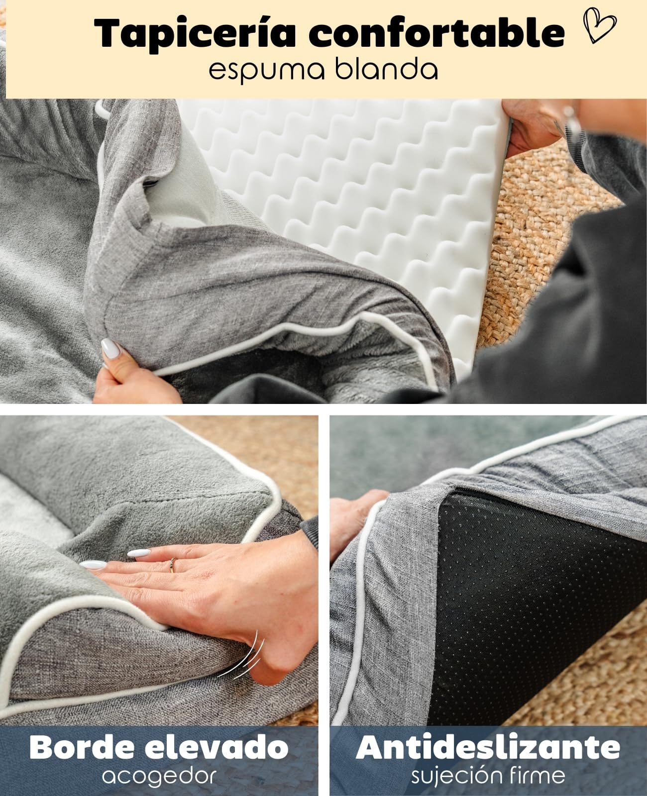 lionto Cama ortopédica para Perros con Borde Elevado, 97x71x17 cm, Cojín Resistente con Suave Franela, Funda extraíble y Lavable, Antideslizante, Apta para Perros Grandes, pequeños y Gatos, Gris