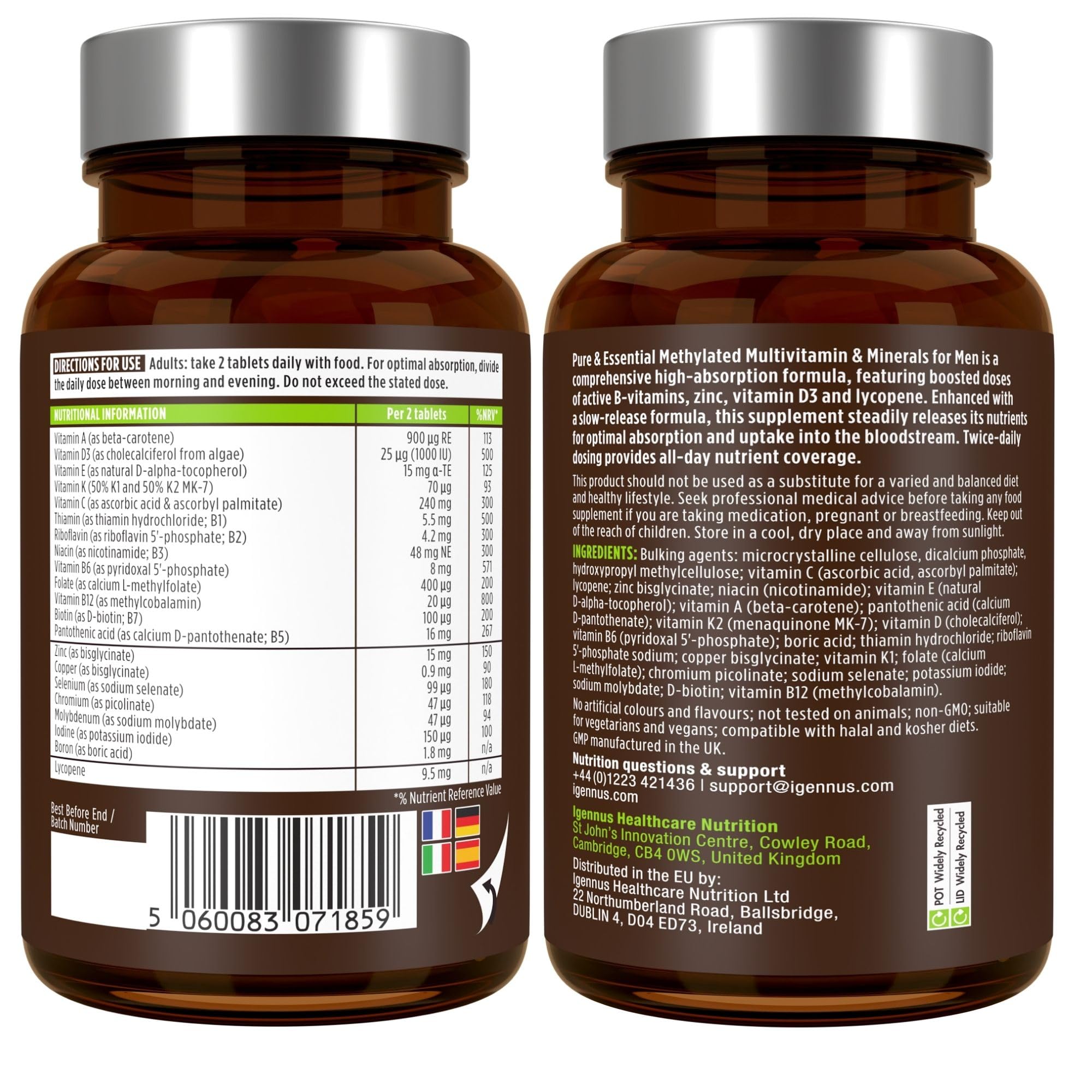 Igennus Methyliertes Multivitamin für Männer mit 21 aktiven Nährstoffen, Langzeitformel, Clean Label, Methylfolat & Methylcobalamin, hochdosiert & MTHFR-geeignet, GVO-frei & halal, 180 Tabletten