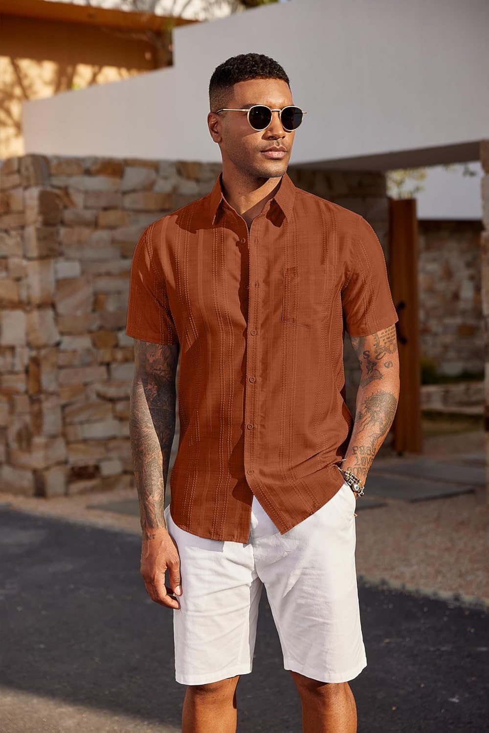 COOFANDY Men's Casual Button Down Shirts Short Sleeve Textured Shirt Summer Beach Shirts with Pocket - Image 3