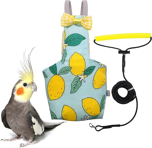 Bird Diaper Harness Flight Suit Clothes with 80 Inch Flying Leash Rope for Parrots Conure Cockatiel Pet Birds Weight 80-105 Grams, M Size Lemon, Including A Cotton Pad
