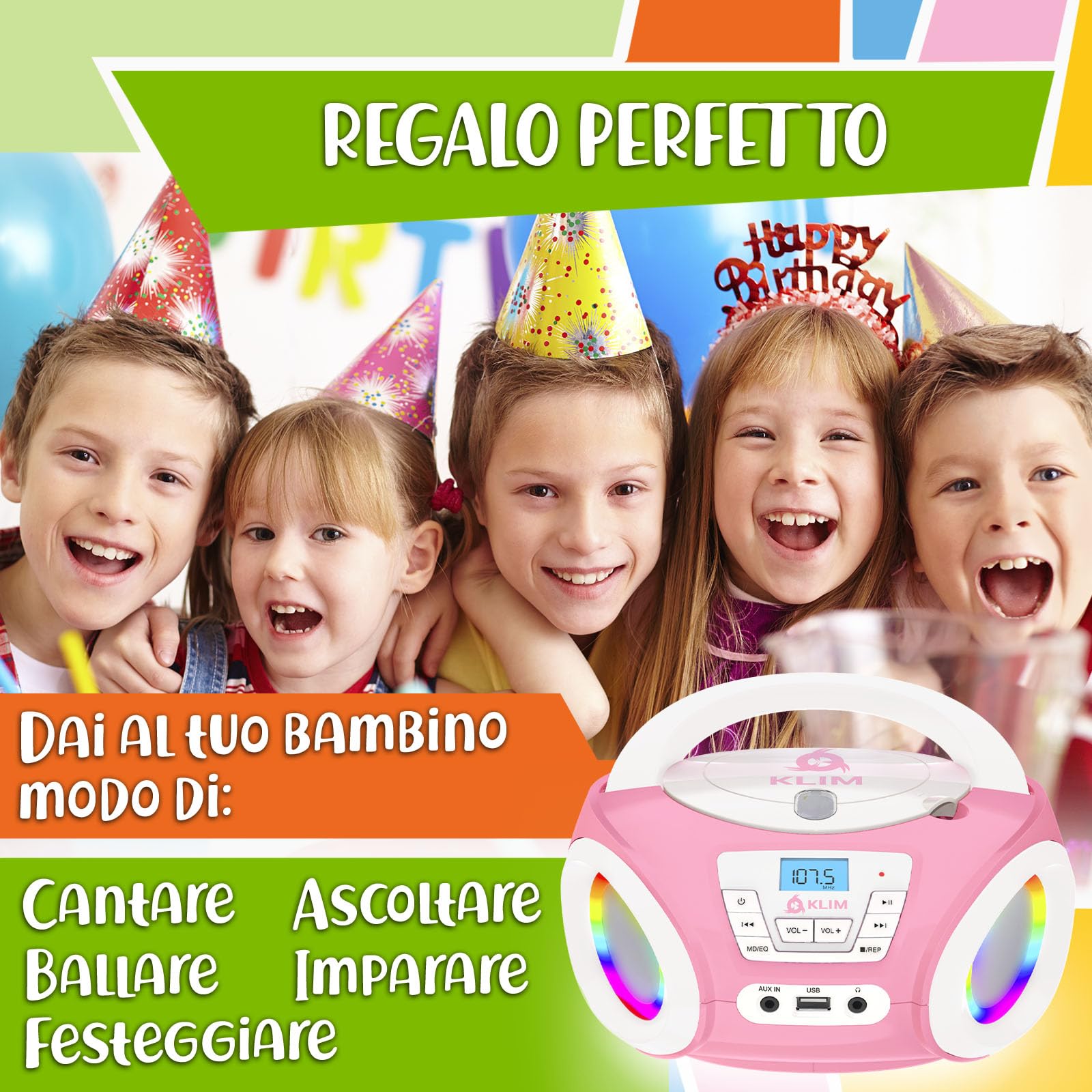 KLIM Candy Kids - Lettore CD portatile, nuova versione con radio FM e altoparlanti, batterie incluse, design rosa carino per bambini e bambini, rosa