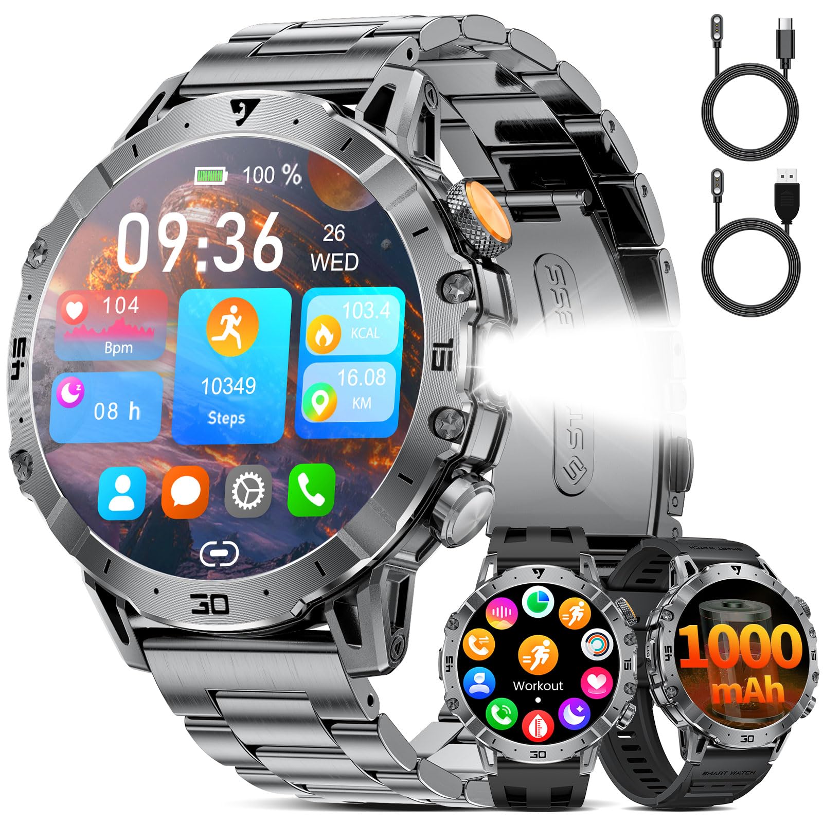 SUNKTA Smartwatch da uomo Militare 1000 mAh grande batteria da 1,7" HD Bluetooth chiamate orologio intelligente per iOS Android con torcia LED, frequenza cardiaca/monitor/contapassi, grigio