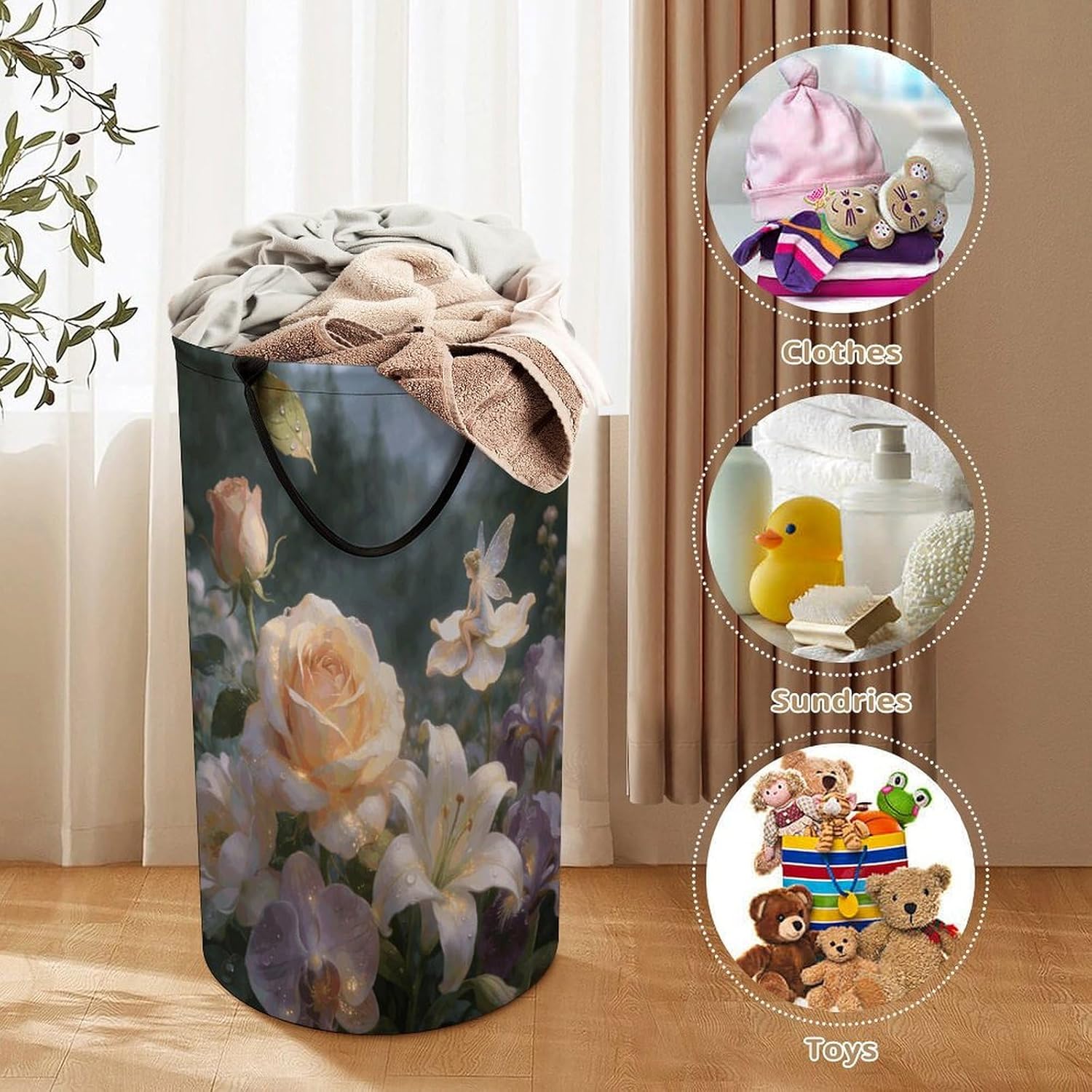 Floral Fantasy Laundry Hamper 86L Waterproof Collapsible Clothes Basket with Double Handles Freestanding Foldable Laundry Basket Large Clothes Hamper for Bathroom