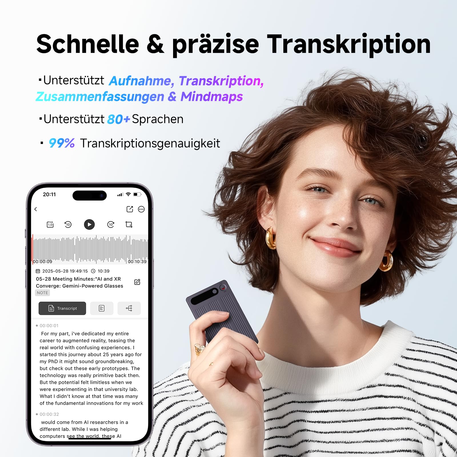 KI Digitales Diktiergerät 64GB, mit Transkribieren und Zusammenfassen | One-Touch-Aufnahme, 80+ Sprachen Übersetzung, Voice Recorder Für Meetings/Interviews/Klassen/Telefonate (mit schwarzer Hülle)