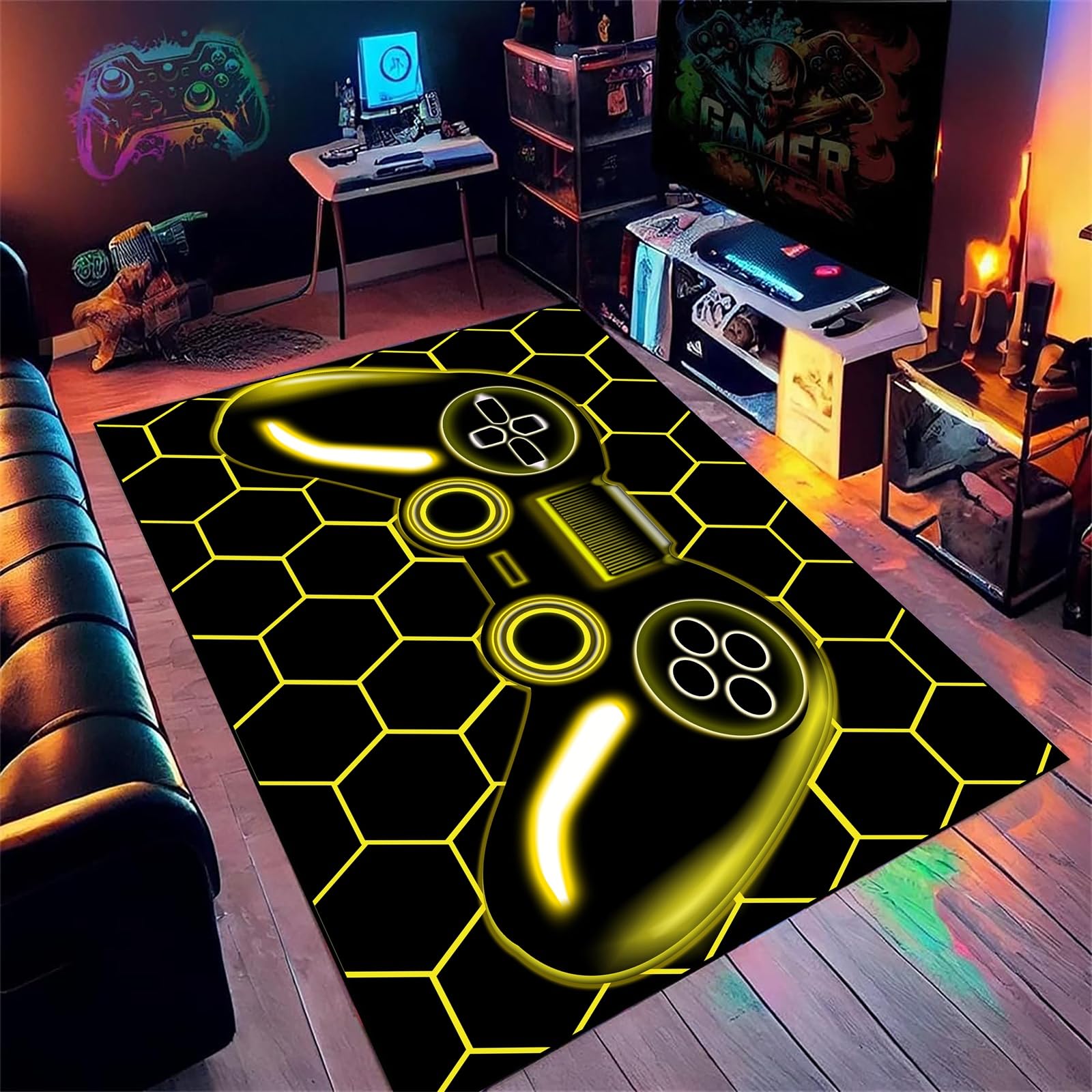 AOESELN Yellow Gamepad Area Rug,180x300cm Kids Bedroom Rug,Boys Playroom Rugs,3D Gaming Area Rug,Soft,Foldable,Machine Washable Mat,for Living Room Boys Bedroom