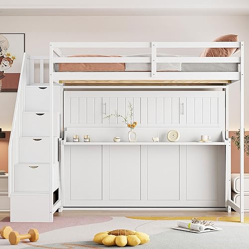 Miniatura 11 de Merax Cama Murphy de Tamaño Completo sobre Tamaño Completo con Elevador Hidráulico y Escritorio Integrado, Cama de Pared que Ahorra Espacio con Gris