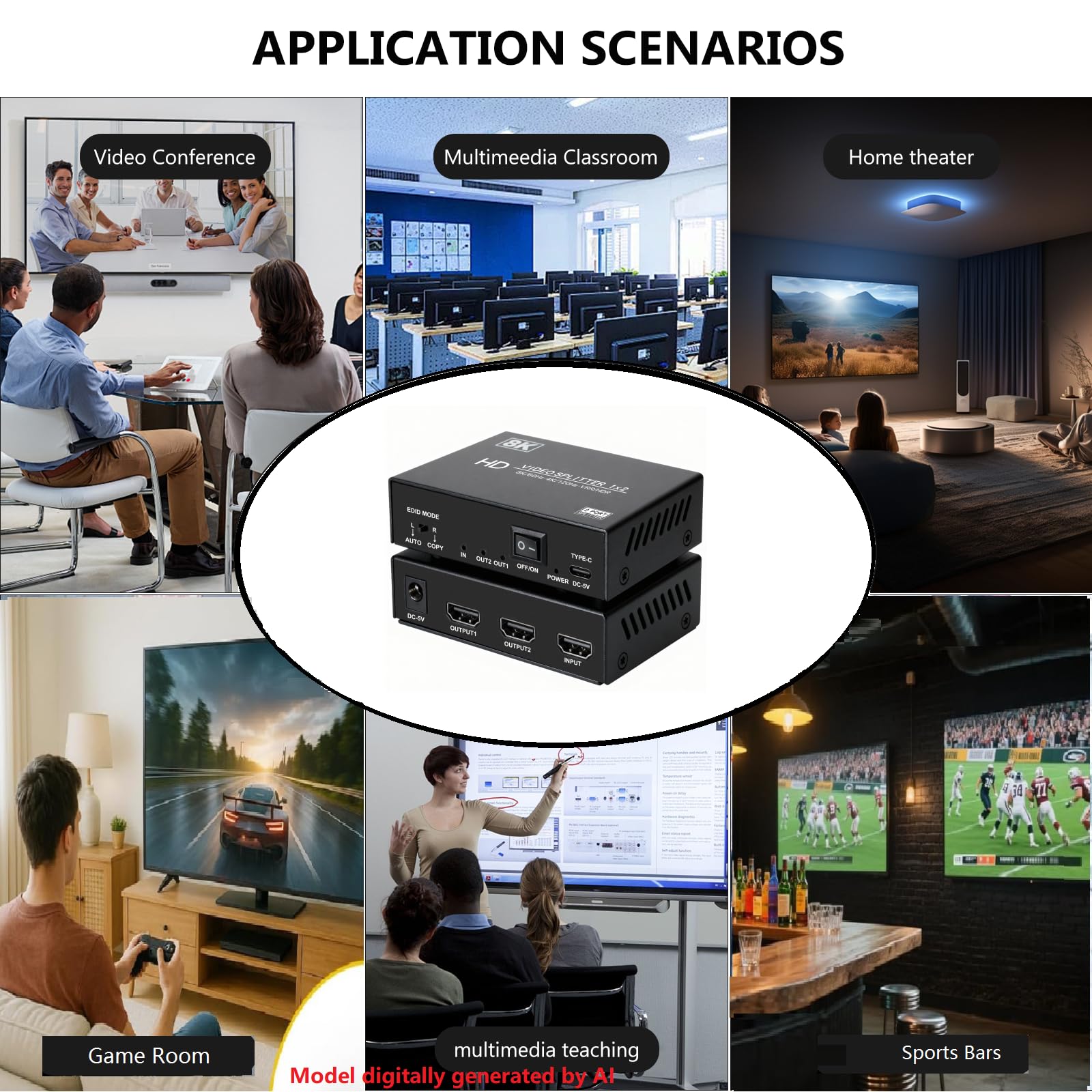 Splitter HDMI 8K 1 in 2 Out, 1x2 hdmi 2.1 Splitter 8K @60Hz 4K @120Hz, 48 Gbps, EDID, Auto Down Scaler, HDCP 2.3, VRR, HDR10+, 3D, solo schermi duplicazioni/mirror (non estendibili) per PS5, Xbox