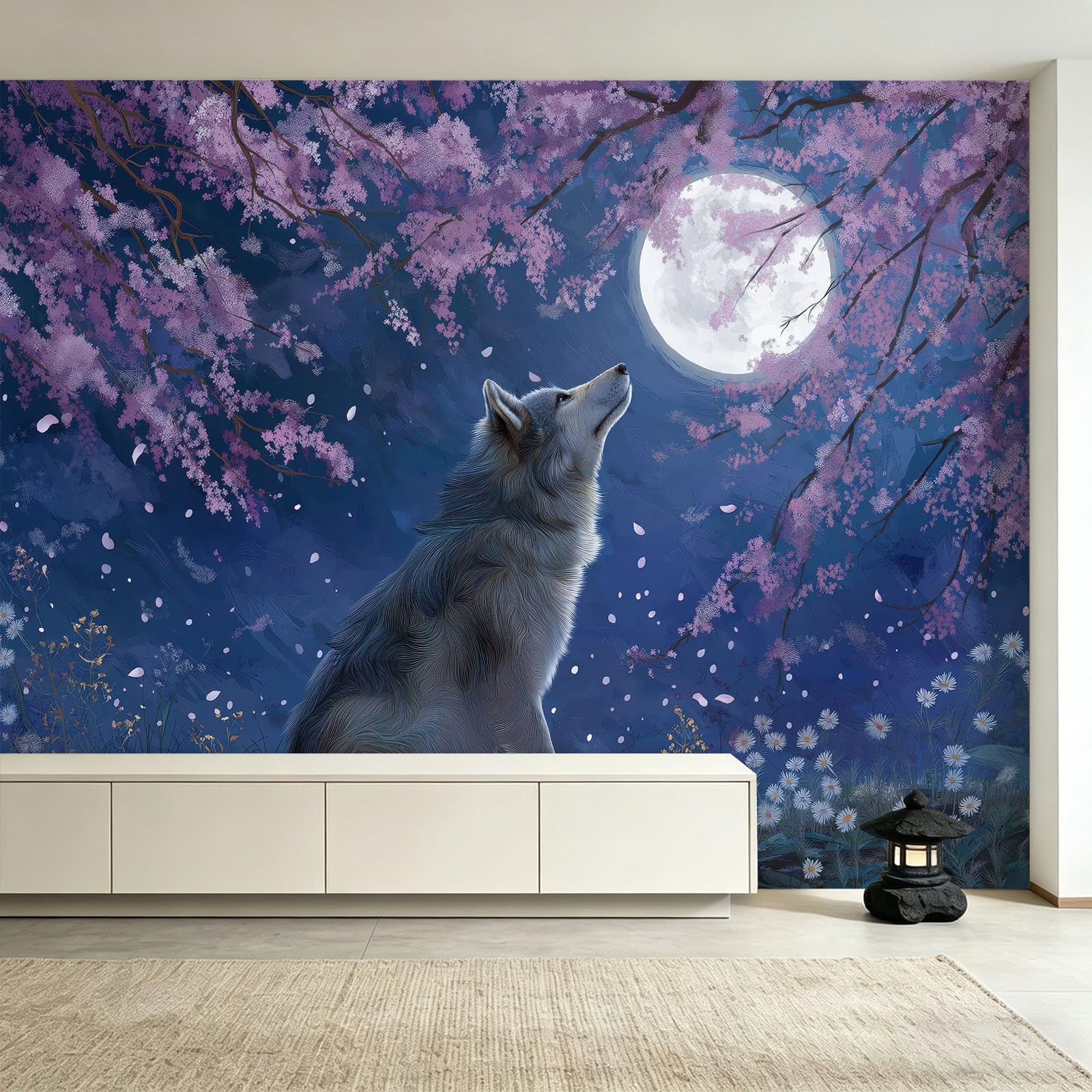 Générique Panoramiczna tapeta z włókniny fantastyczne gwiaździste niebo 250 x 175 cm, wilk kwiaty zwierzę tapeta - do salonu sypialnia jadalnia dekoracja ścienna, rozmiar na zamówienie