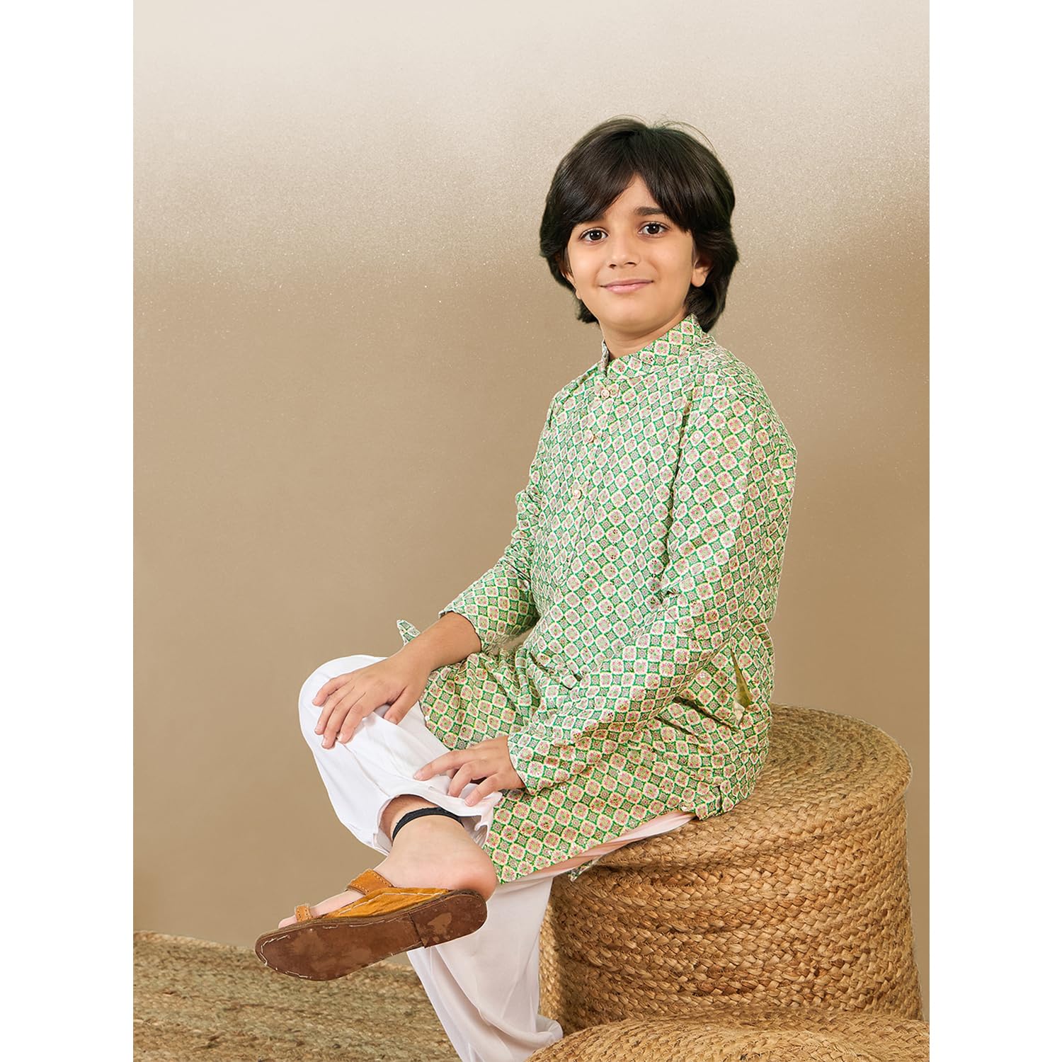 Sanwara Printed Green Kurta Set with Sequins for Boys (28) 3