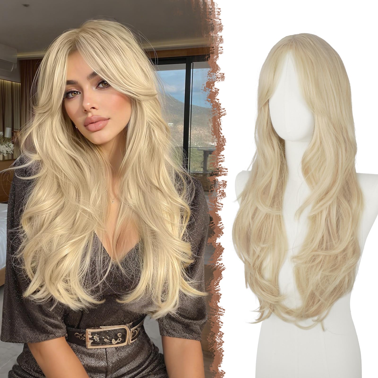 FESHFEN Perruque Longue pour Femmes Blond Platine Perruque avec Frange Dégradé Cheveux Naturelle Synthétique Résistante à la Chaleur Perruques Ondulé Utilisation Quotidienne Fêtes, 65 cm