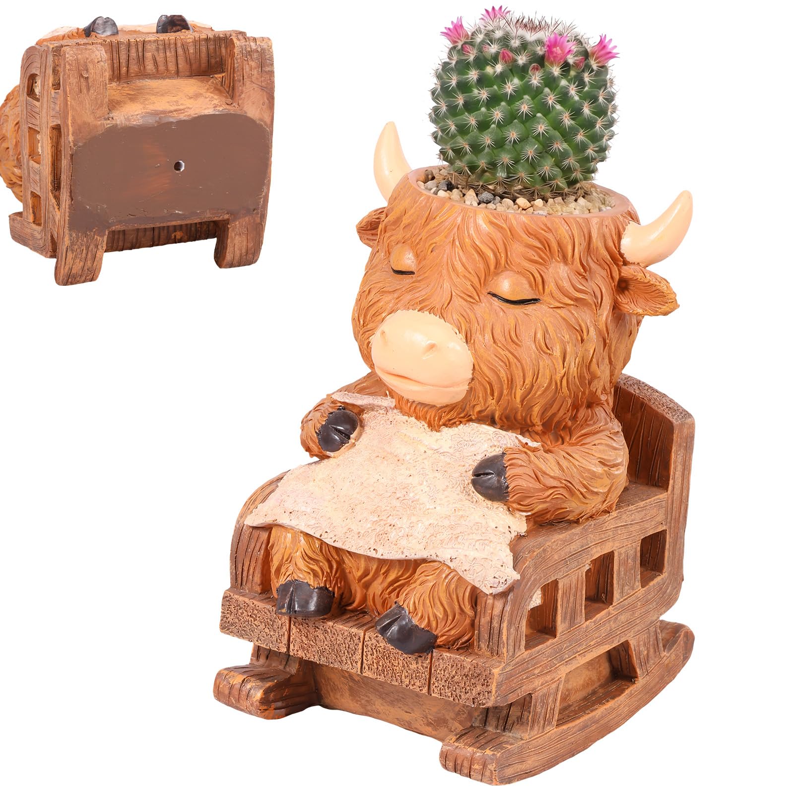 Bpyhebe Cartoon Animal Resin Planter Pot Highland Cow Frog Sitting Bench Succulent Cactus Pot with Drain Hole Indoor Desktop Decor(Sleeping Cow)