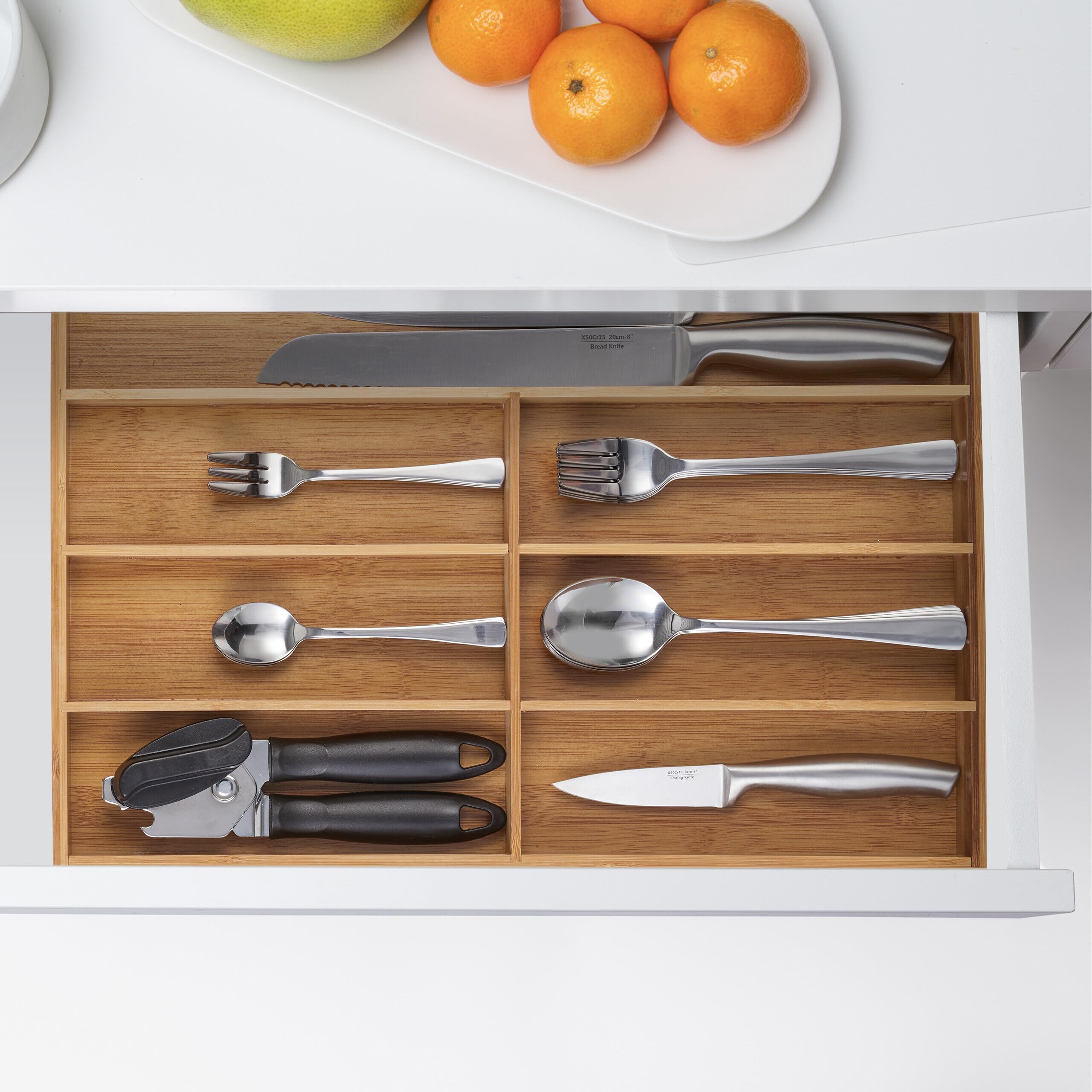 Relaxdays Portaposate da Cassetto, bambù, 7 Scomparti, Divisore Posate e Utensili da Cucina, 4,5x30,5x44,5 cm, Naturale