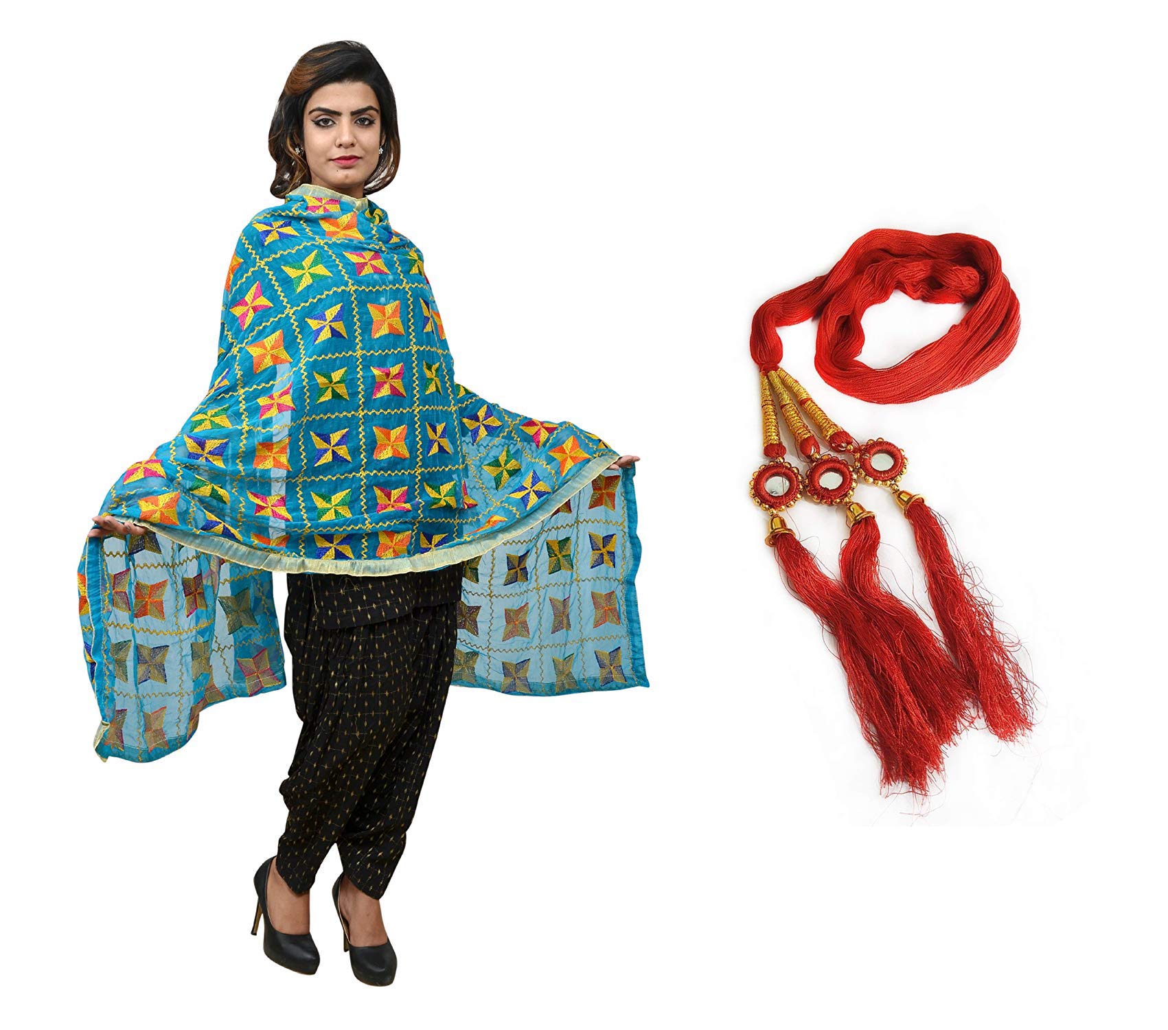 perzit Embroidered Chiffon Phulkari Dupatta with Parandi for Women and Girls Fulkari Chunnis (Size:2.25 Meter)-picture-26