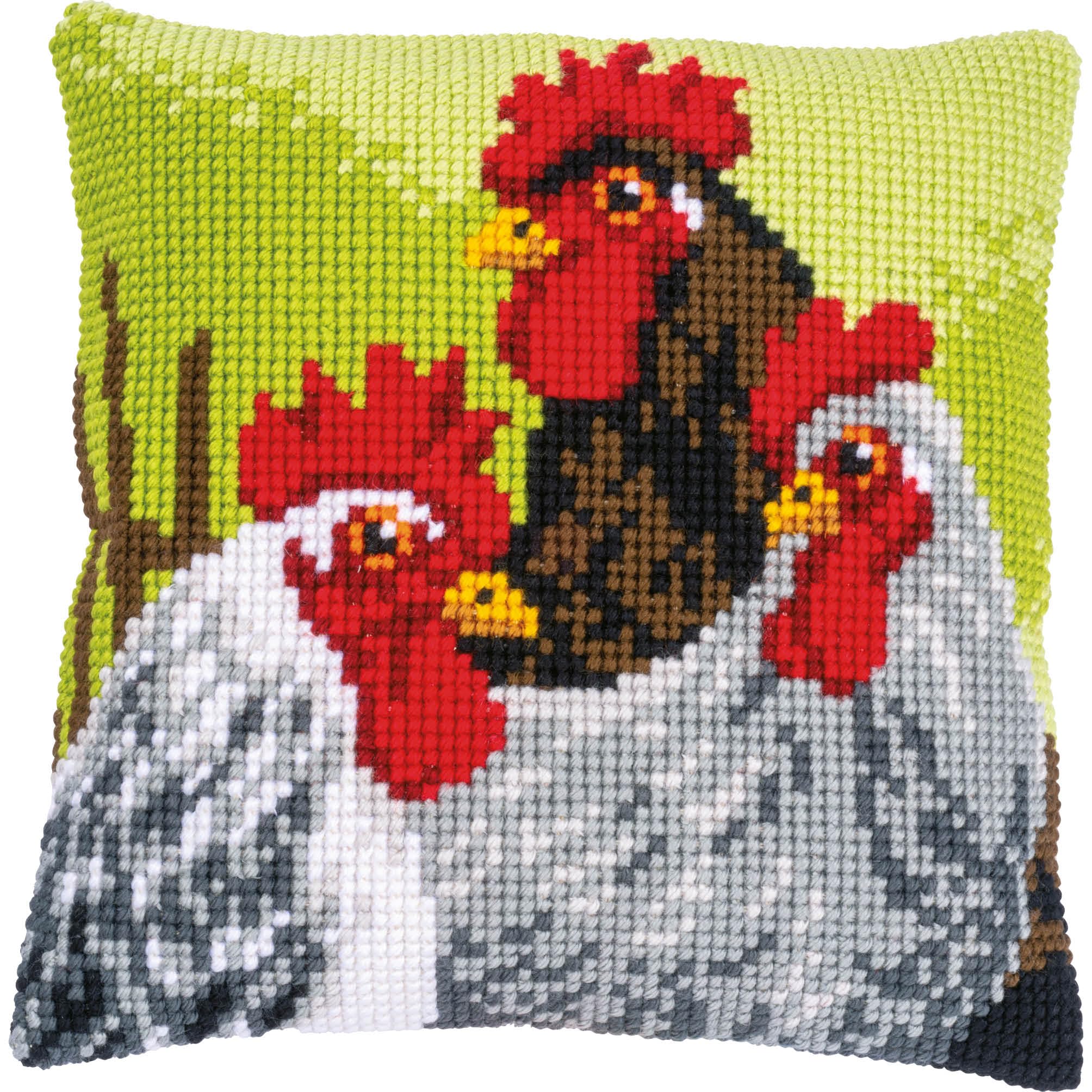 Vervaco Cross Stitch Kit Cushion Complete Set Rooster and Chickens Decoration Manual Embroidery Kit Adult Creative Art Gift DIY Cross Stitch Embroidery ca. 40 x 40 cm