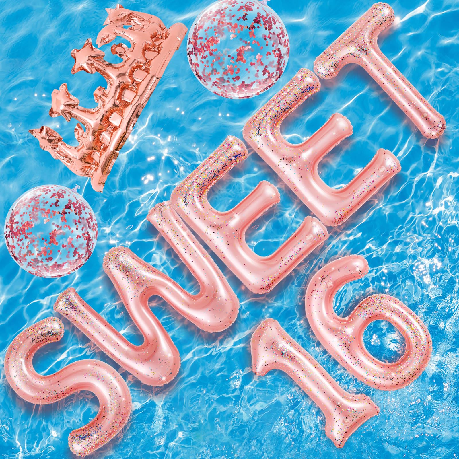 Sumind 14 Pcs 20" Sweet 16 Floating Pool Letters Inflatable Letter Glitter 16 Birthday Decorations Set with Beach Ball Pink Crown for Sweet 16 Pool