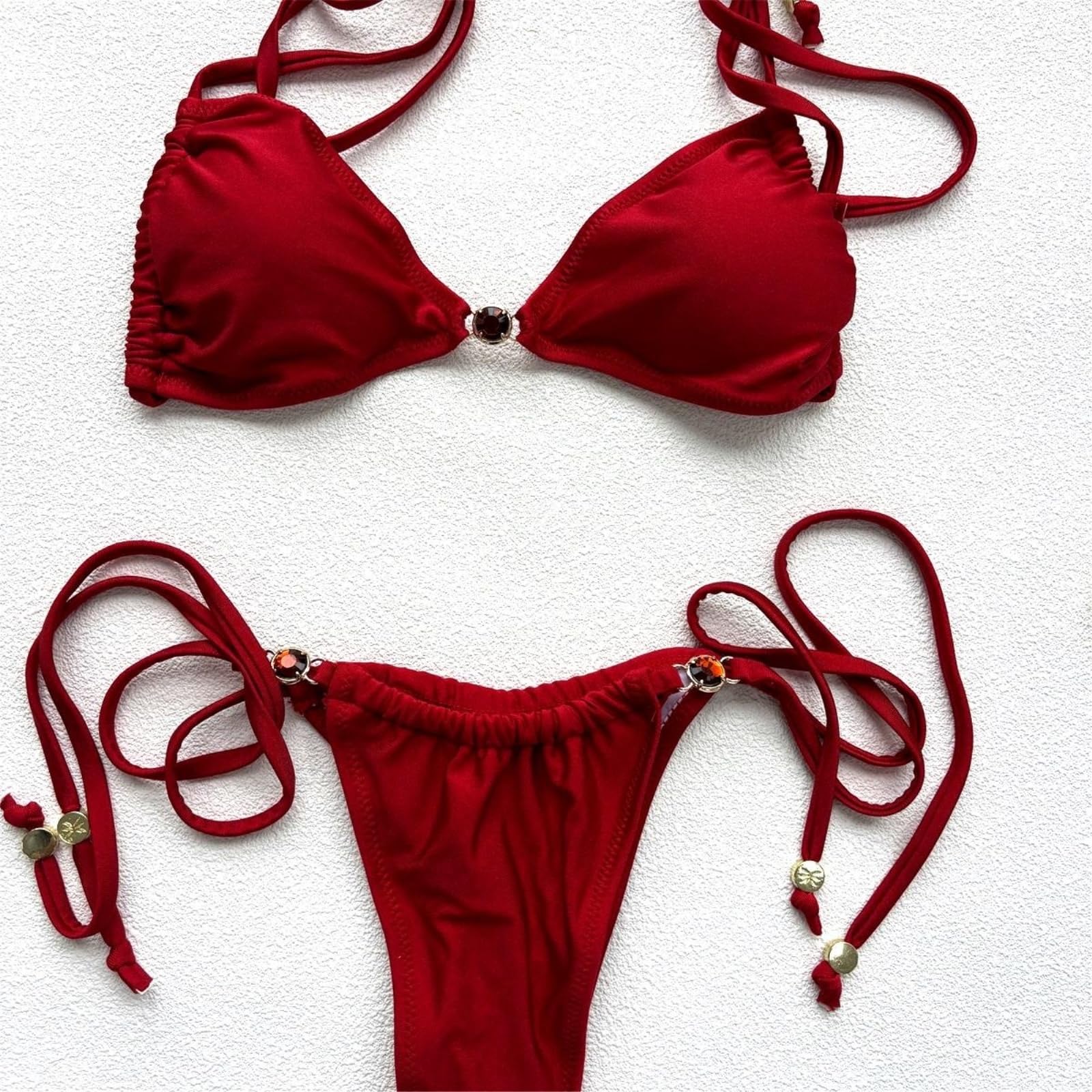 Bikini Donna Borgogna Set Oro Anello Dettaglio Due Pezzi Costume da Bagno-bikini1-l