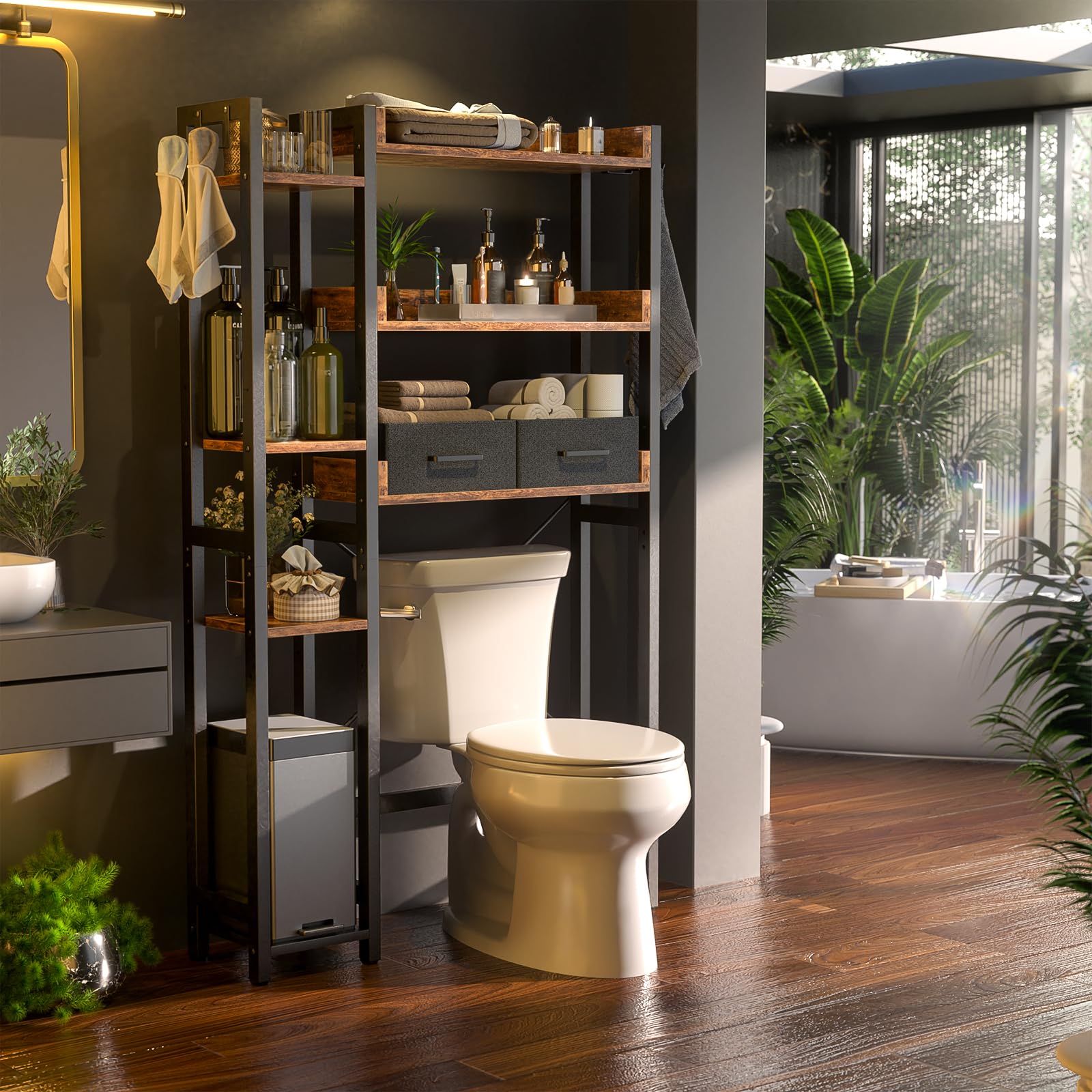 iSunirm Waschmaschinenregal mit 2 Schubladen – 7-stöckiger Toilettenregal mit verstellbarem Regal, Toilettenregal mit 4 Haken für Bad und Waschküche, Rustikales Braun