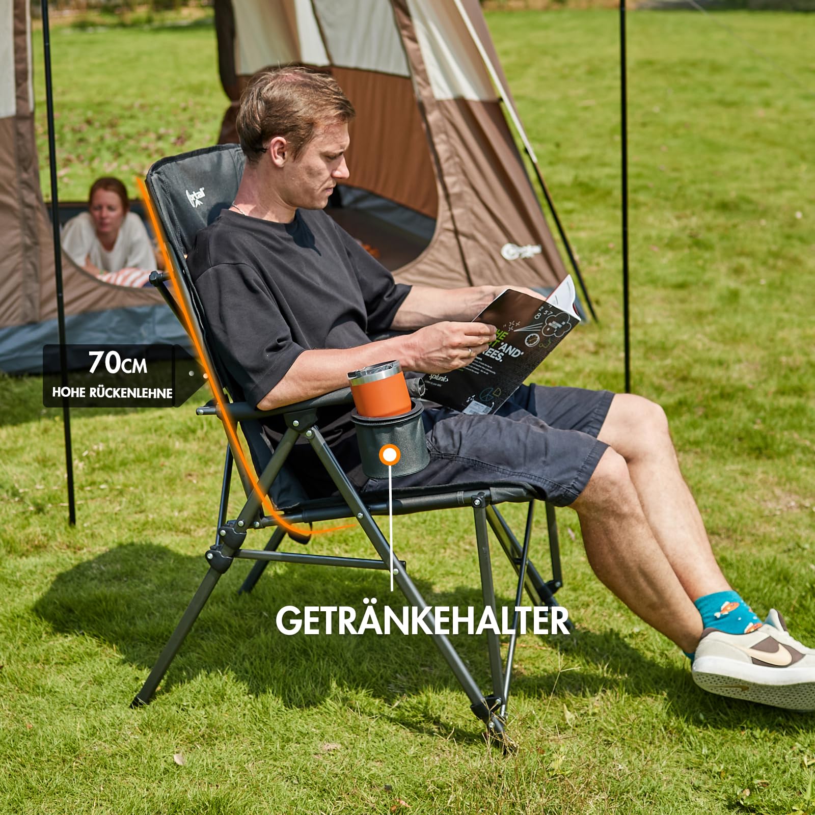Portal Campingstuhl Faltbar Klappstuhl 180 KG Belastbar mit Hochlehner Verstellbar Camping Anglerstuhl Gartenstuhl Sessel mit Tasche Getrankhalter für Garten Balkon Picknick