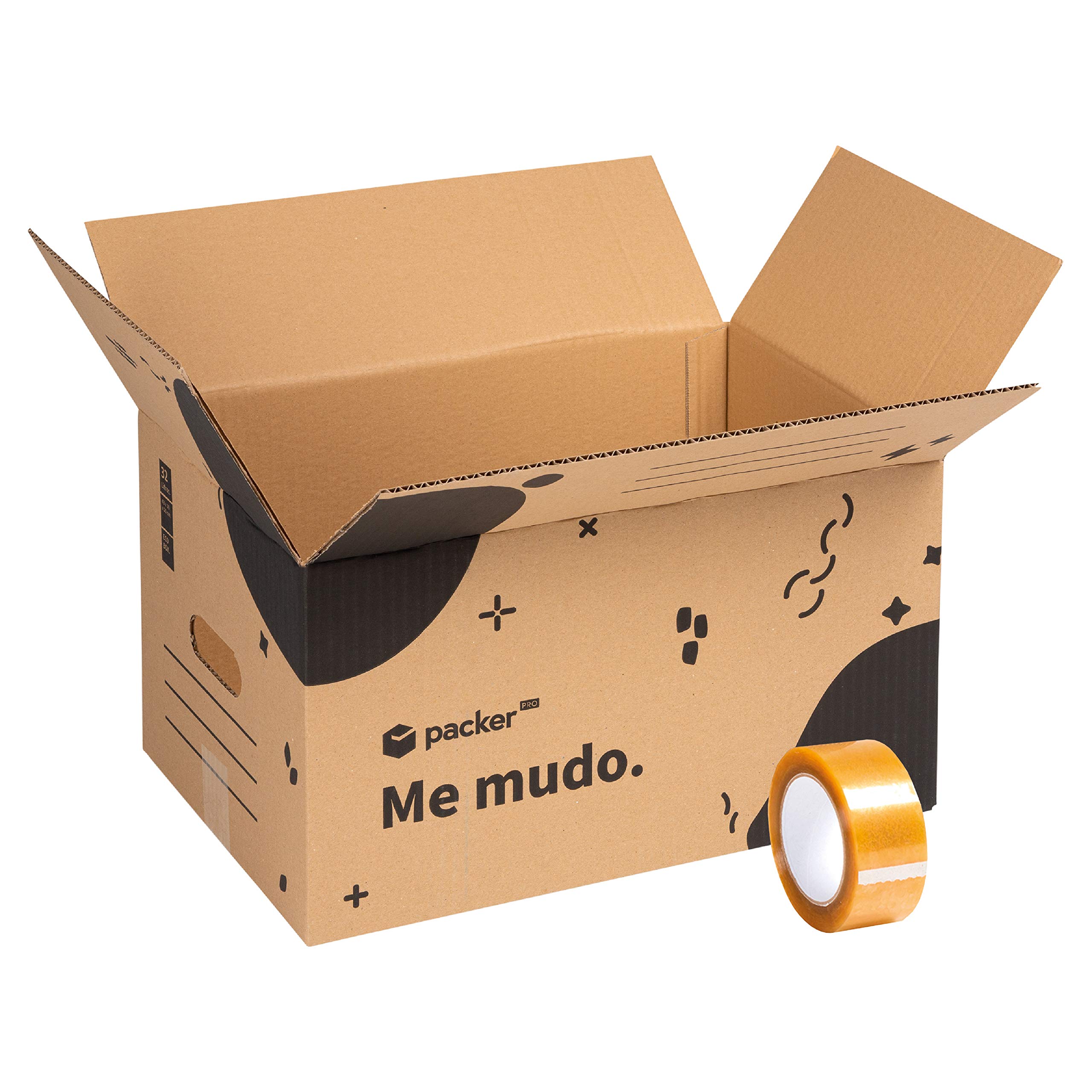 packer PRO Pack 20 Cajas Carton para Mudanzas y Almacenaje con Asas y Precinto Adhesivo 430x300x250mm