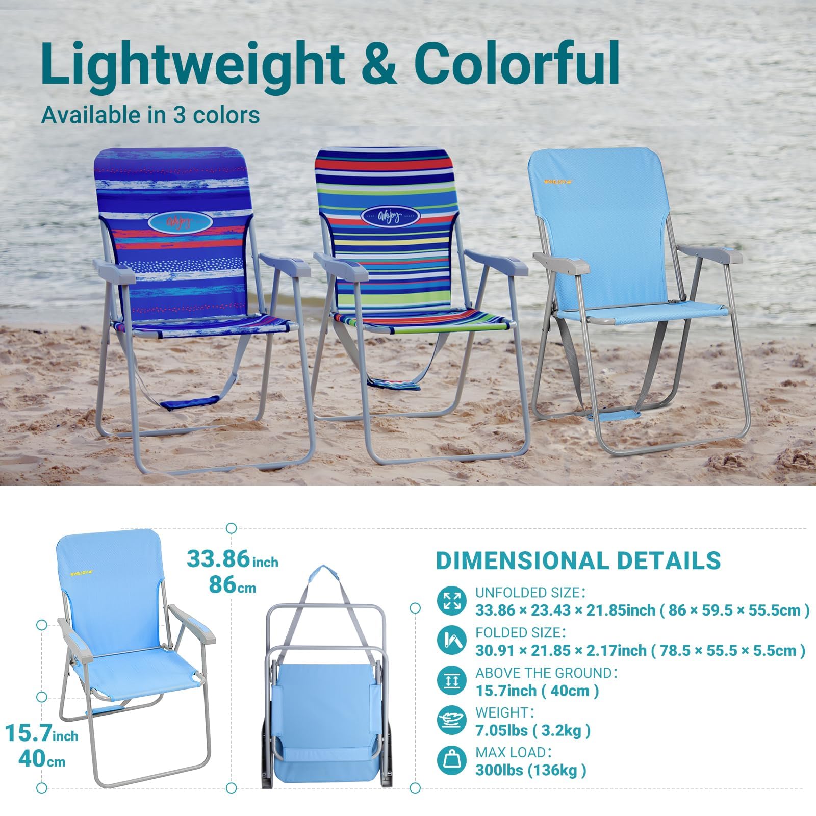 #WEJOY Sedia da Spiaggia Pieghevole, Sedia da Mare Leggera con Schienale Alto Portatile con Tracolla, Spiaggina Mare Sedia da Campeggio Esterno Giardino Picnic Piscina, 1/2 Pezzi