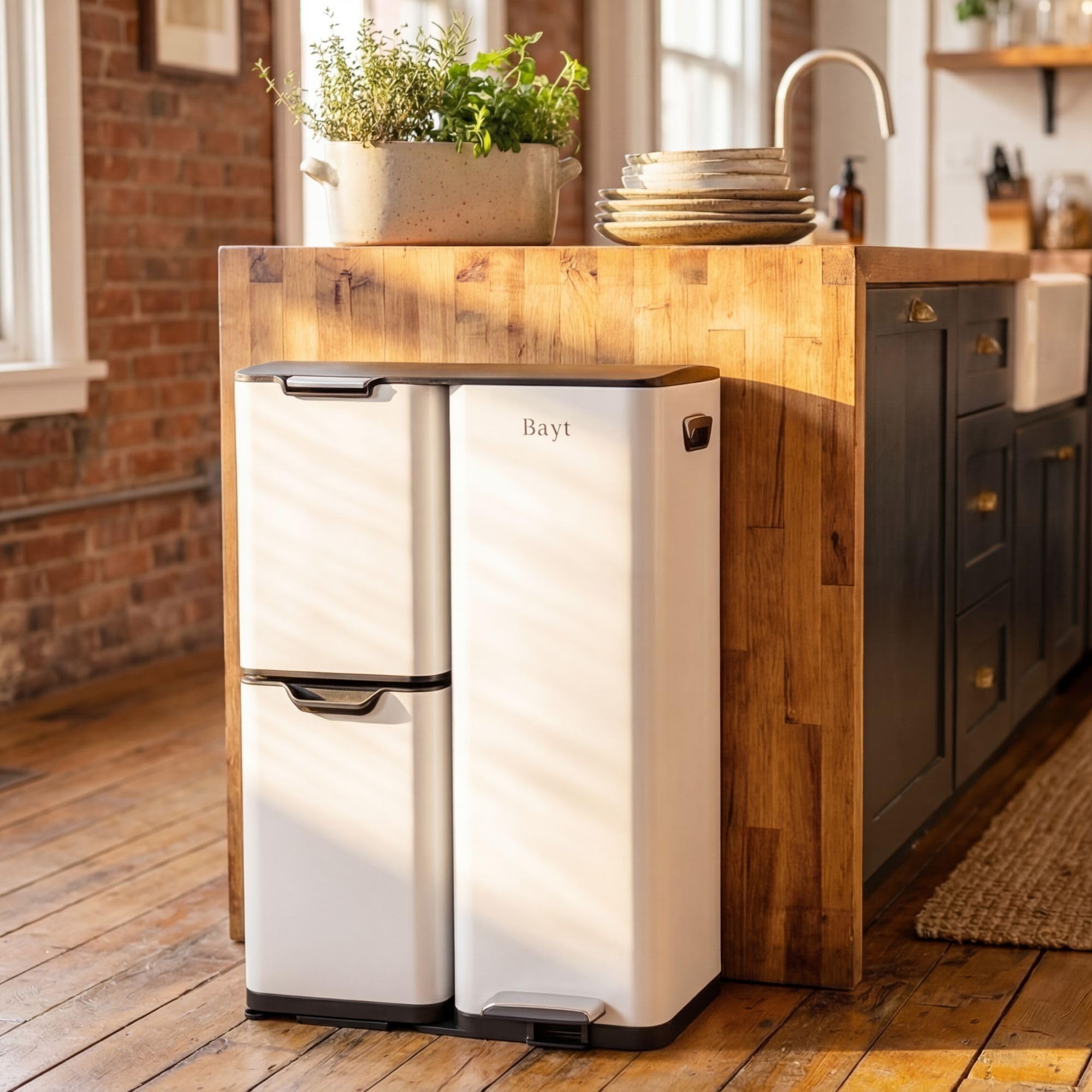 Bayt Poubelle Cuisine 60 Litres - Poubelle Tri Selectif Cuisine Pédale 60L | De Tri Déchets et Recyclage 3 Compartiments | Bac De Tri Inox Anti Odeur | Poubelles a Pedale 3 Bac Chambre - Blanc