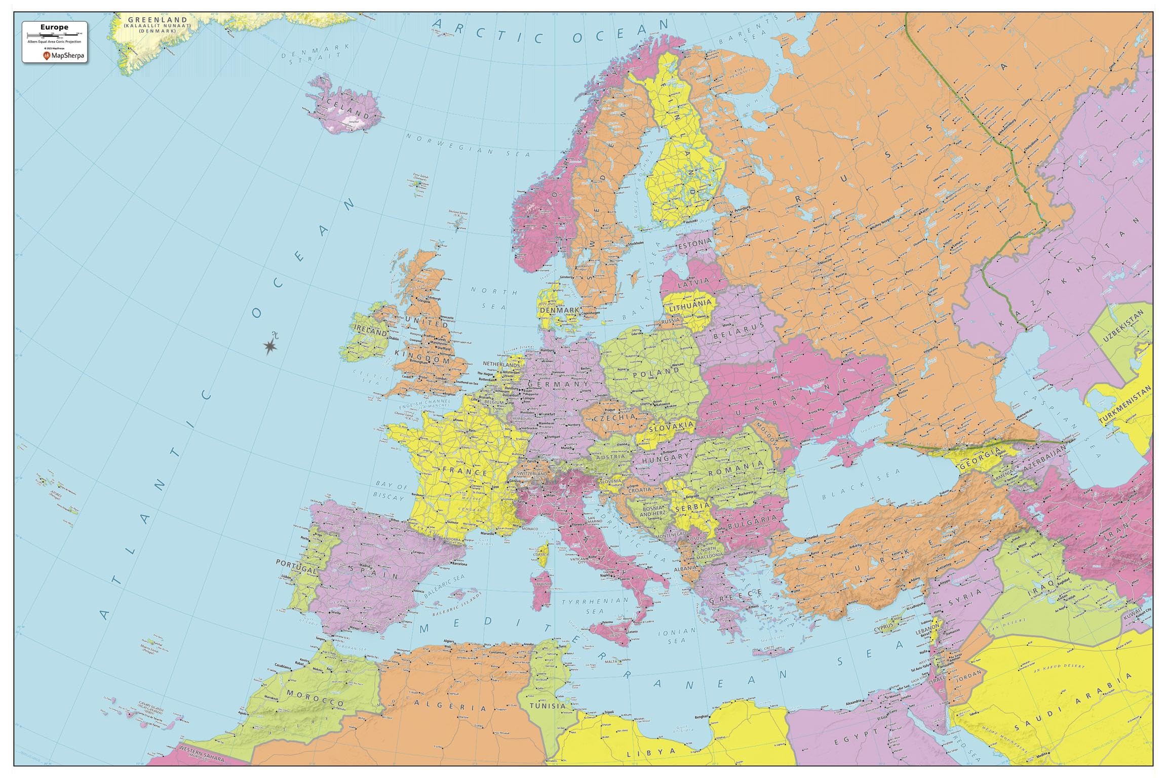 MapSherpa: Europe Political Wall Map - Large - 122 x 81 cm Poster - Rolled Canvas