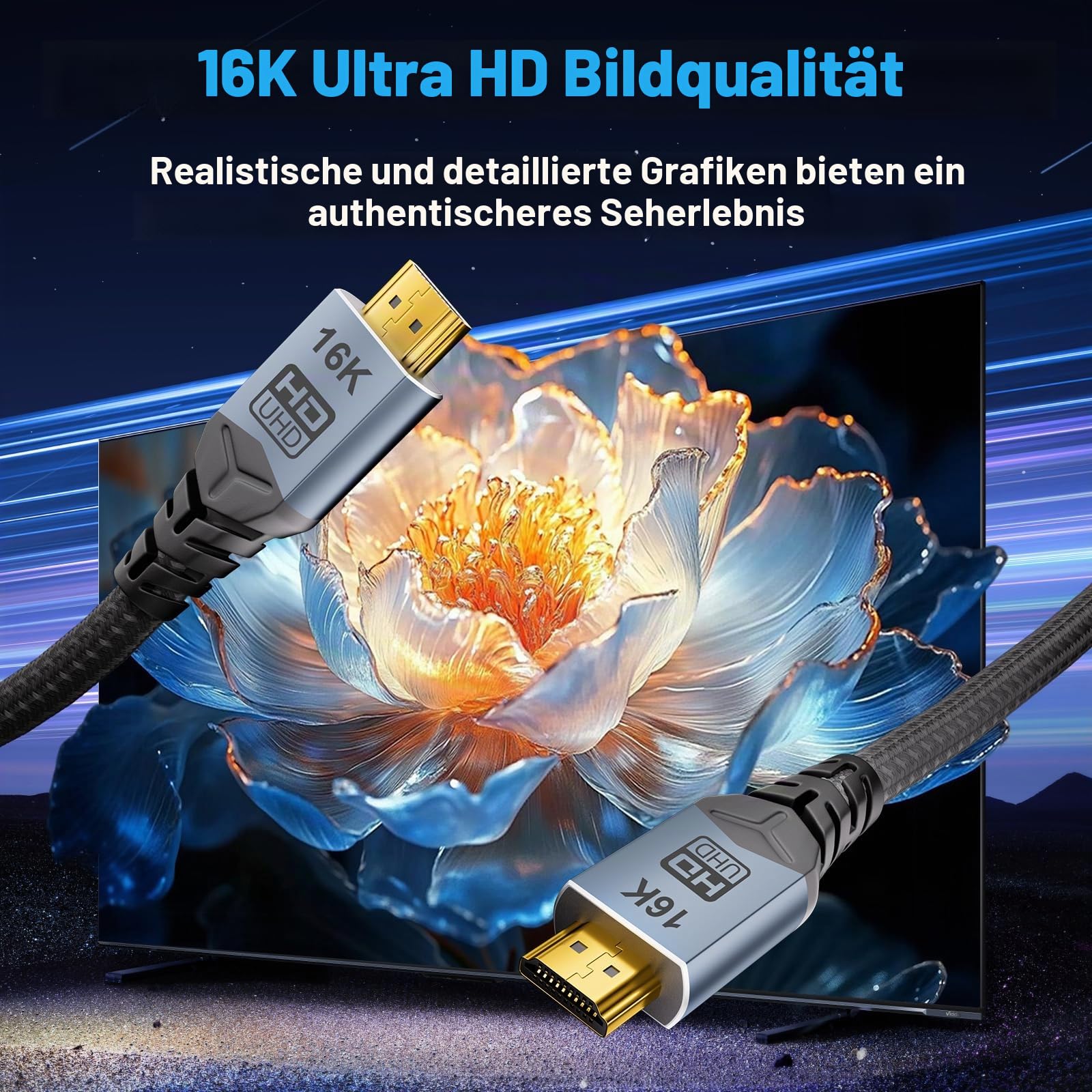 HDMI 2.2 Kabel 5m, 96Gbps Ultra High Speed Hdmi Kabel Unterstützt 16K@60Hz 8K@240Hz 4K@480Hz, eARC, HDR10+, HDCP 2.3, Dolby Vision für PS5, Xbox, Laptop, PC, Soundbar, Fernseher & Monitor