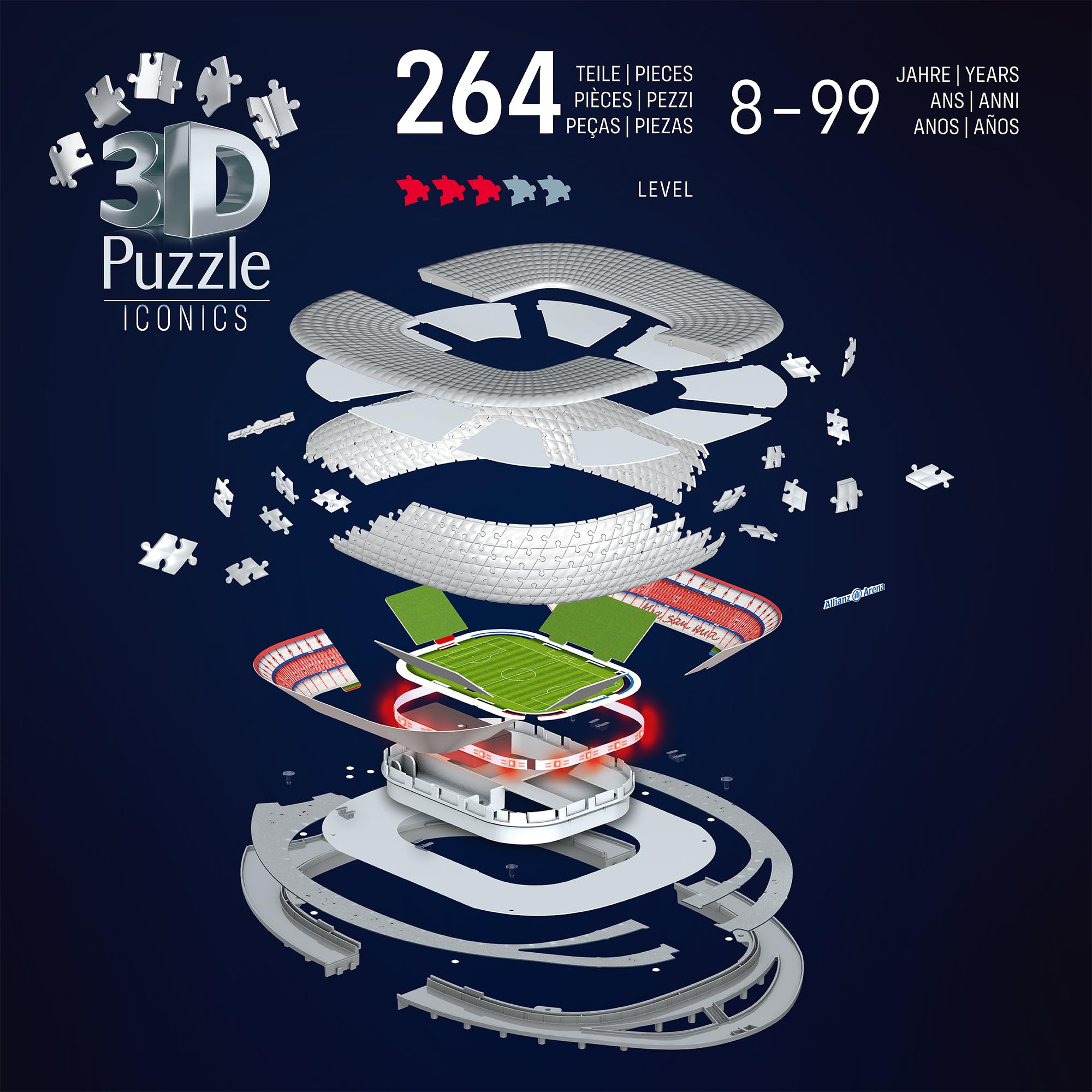 Ravensburger 3D Puzzle Iconics: 12008033 Allianz Arena - mit Licht - Das berühmte Stadion des FC Bayern München als beleuchtetes Modell für echte Fans