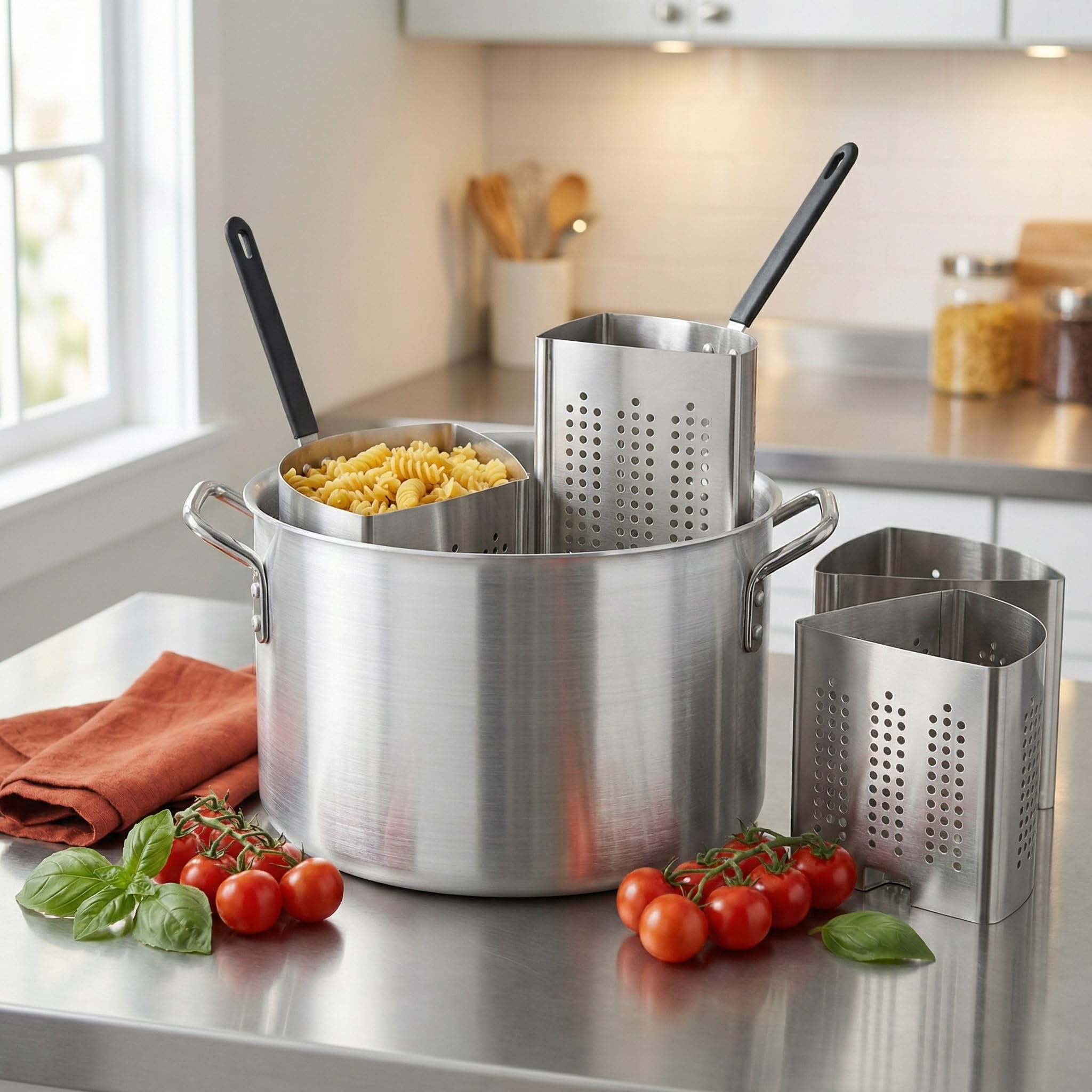 20 Qt Olla de Pasta de Aluminio 5-Pieces Set con cestas de colador de Acero Inoxidable Cocina Comercial Resistente para Fideos Verduras Mariscos Restaurante Cafetería Cocina simultánea eficiente