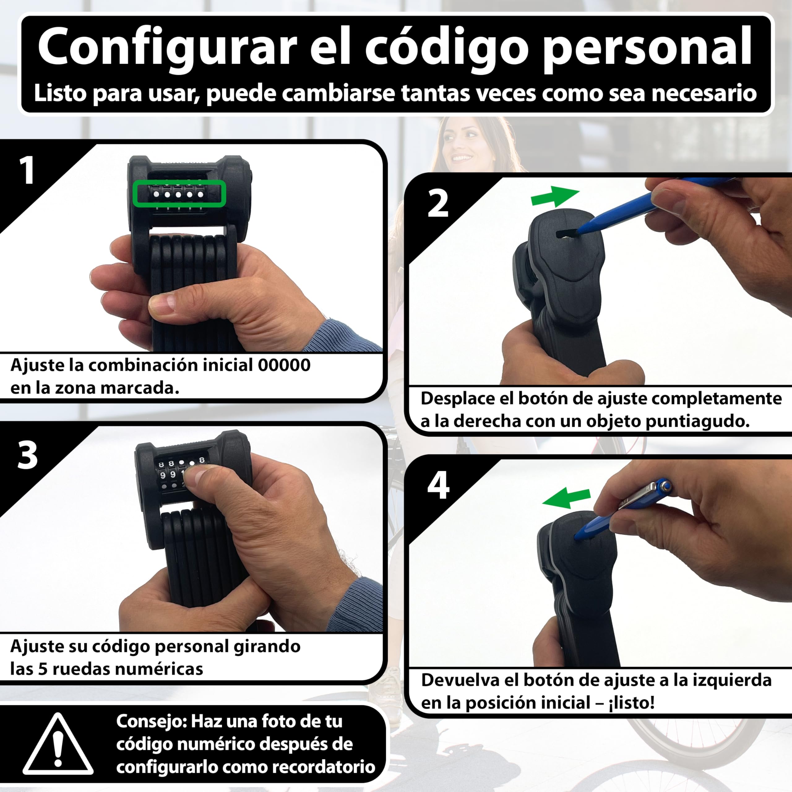 KOHLBURG Candado de bicicleta de combinación con código | 101 cm de largo | Repele cortapernos, código de 5 cifras, candado plegable con soporte, alta seguridad, para bicicleta, scooter y e-bike