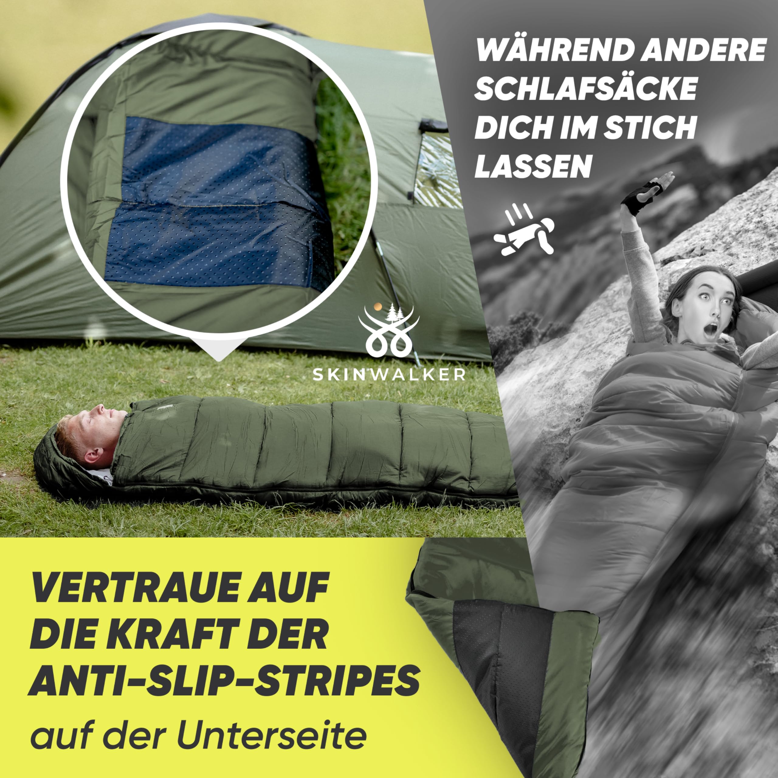 SkinWalker Schlafsack Erwachsene mit Anti-Rutsch Streifen, kleines Packmaß & Ultraleicht 1500g, 3 Jahreszeiten Deckenschlafsack, Schlafsäcke für Camping, Outdoor & Festivals