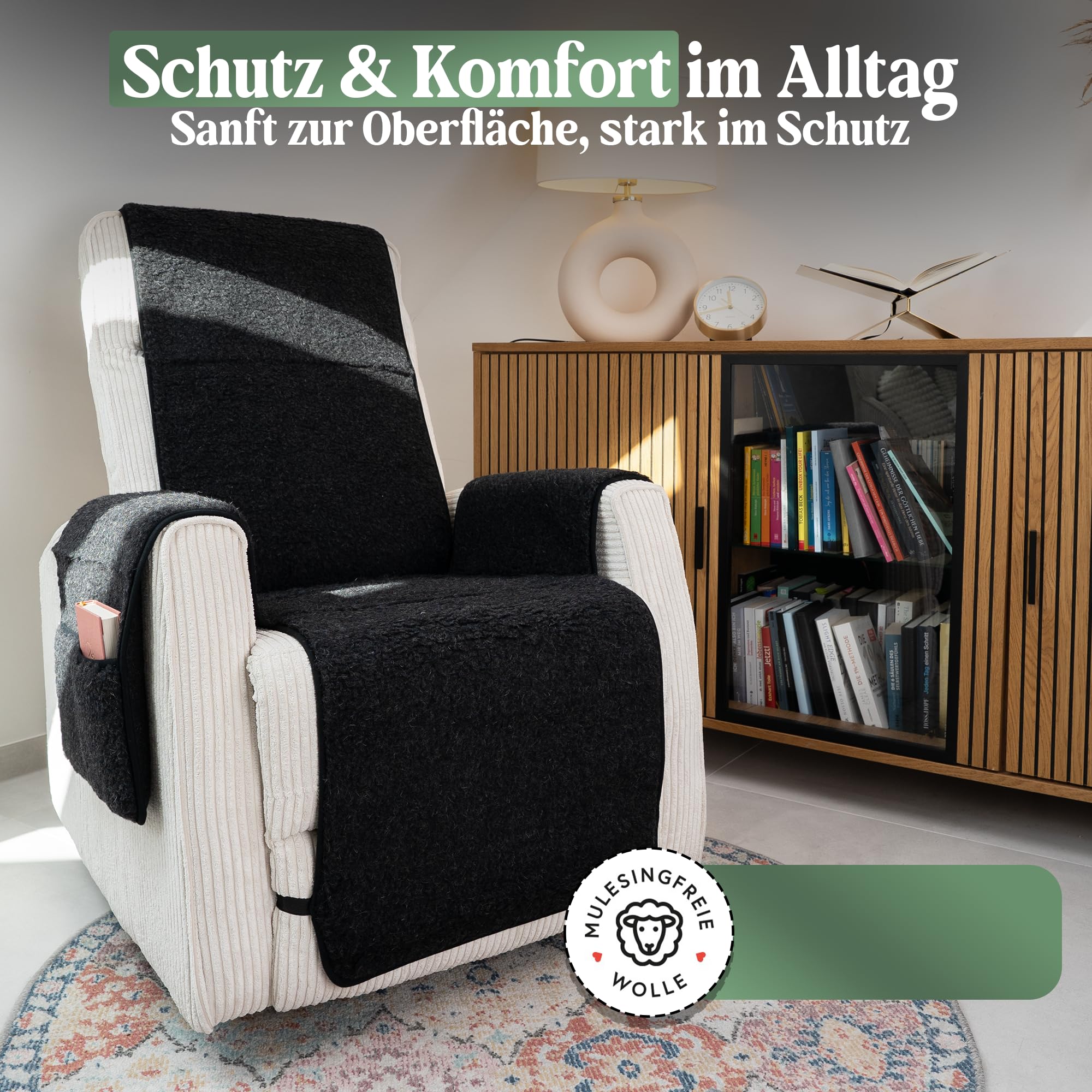 Novaliv Sesselschoner für Relaxsessel Anthrazit - Universeller Sesselschoner mit Armlehne und Fußteil - Schonender Sessel Bezug aus Schurwolle Sesselbezug Relaxsessel Sesselauflage Sesselüberwurf