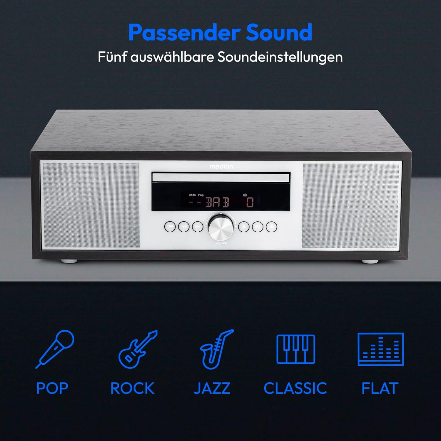MEDION P64145 stereo system with icons representing five sound presets: Pop, Rock, Jazz, Classic, and Flat.