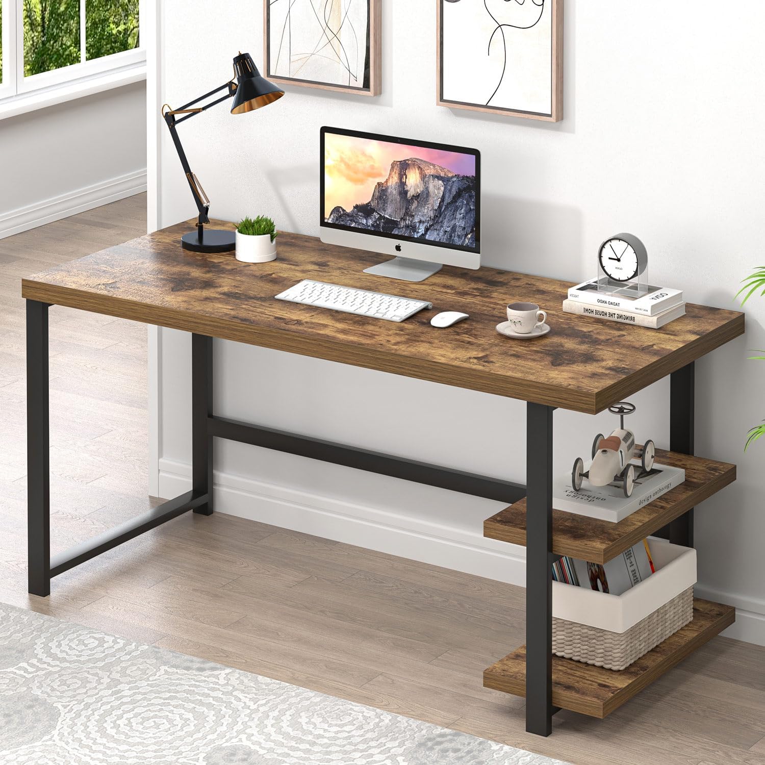 EXCEFUR Modern Computer Desk, Home Office Desk with Storage Shelf, Wood Study Writing Table Workstation for Bedroom Living Room, Rustic Brown, 53 Inch