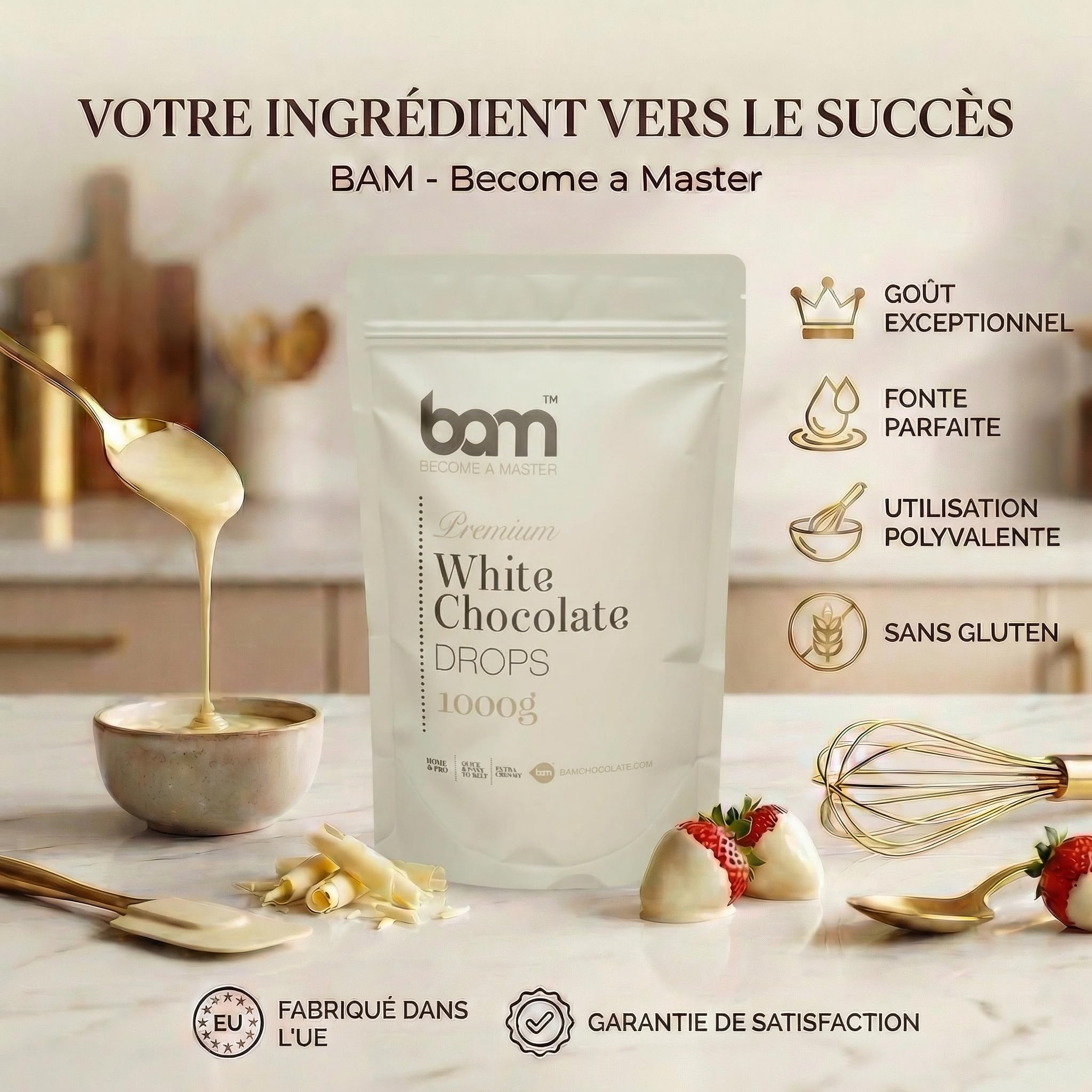 BAM Pépites de Chocolat Blanc – Chocolat Pâtissier pour Desserts, Ganaches, Crèmes et Fruits – Chocolat de Couverture de Qualité – 1kg