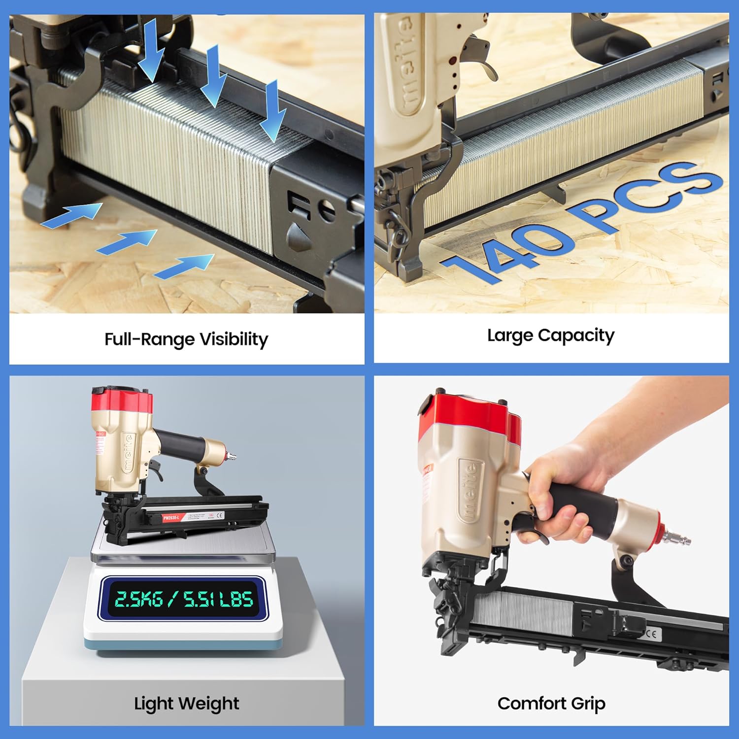 meite 16 Gauge 1-Inch Wide Crown Stapler, Pneumatic Heavy Duty Staple Gun for Roofing & Lathing, Tool-Free Jam Release & Visible Mag, Accepts 5/8"- 1-1/2" P-Type Staples PW2638-L