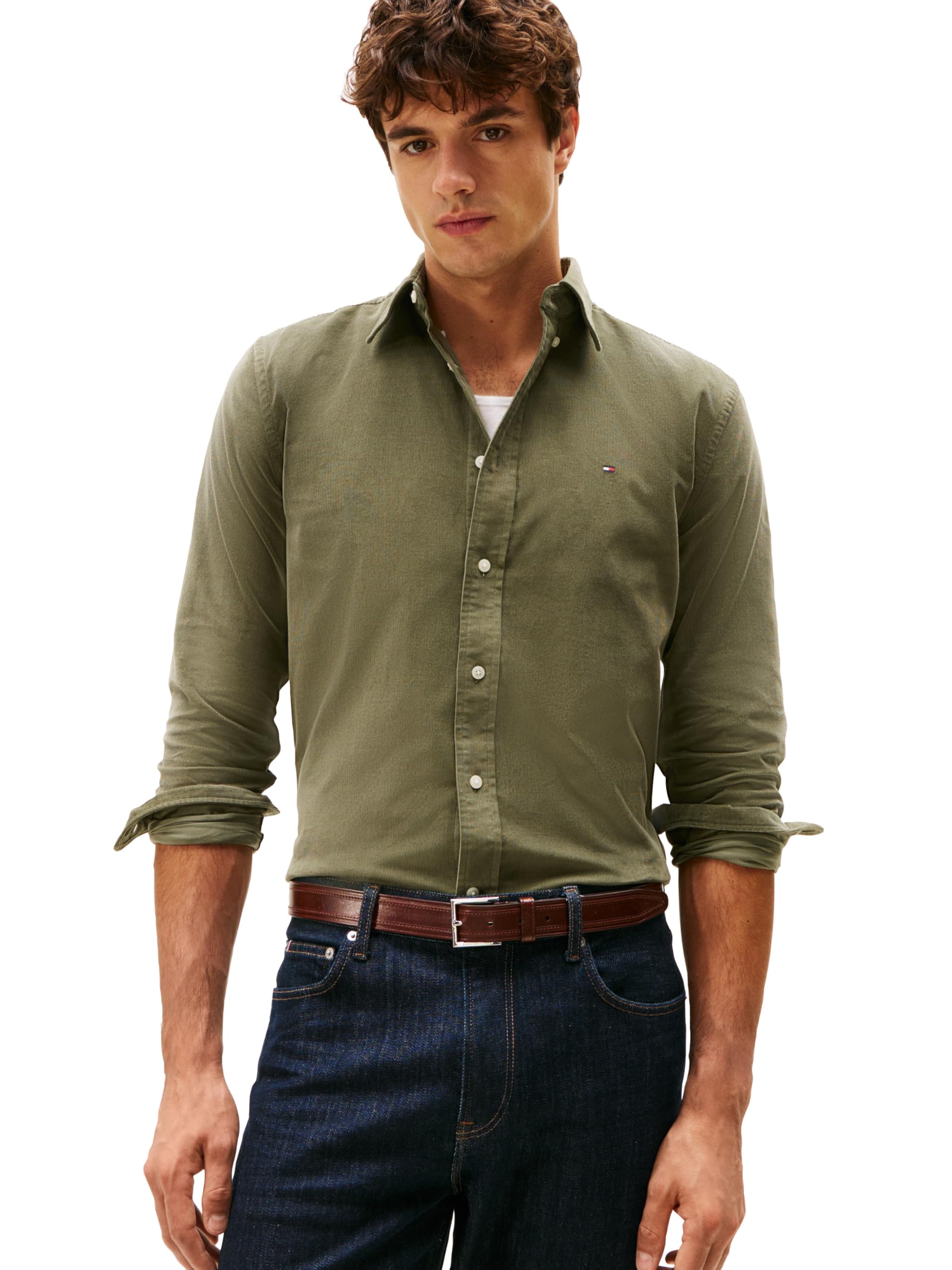 Tommy Hilfiger Men's Battle Green Long Sleeve Corduroy Regular Fit, Button Down Shirt, Xxl