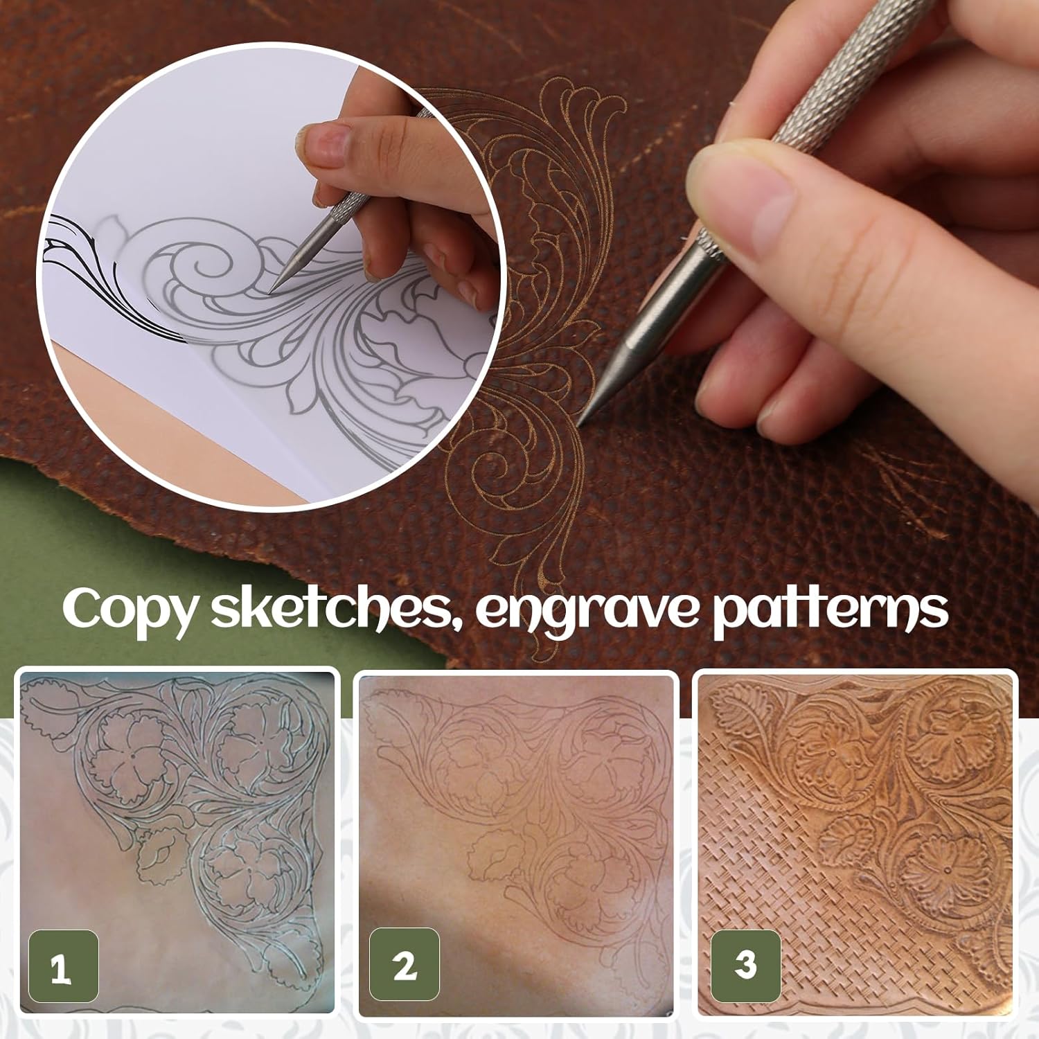 Leather Stamping Tools, Leather Carving Tool Kit with Leather Scriber Pen, Leather Working Hammer and Tracing Paper, for Leather Carving Working