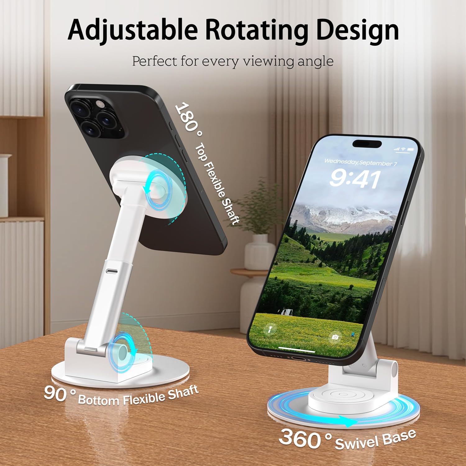 Magnetic Phone Stand for MagSafe, Compatible for All Smartphones with Metal Ring, Height Adjustable Stand with 360° Rotation, Compatible for iPhone 17 16 15 Series and All Phone Case, White