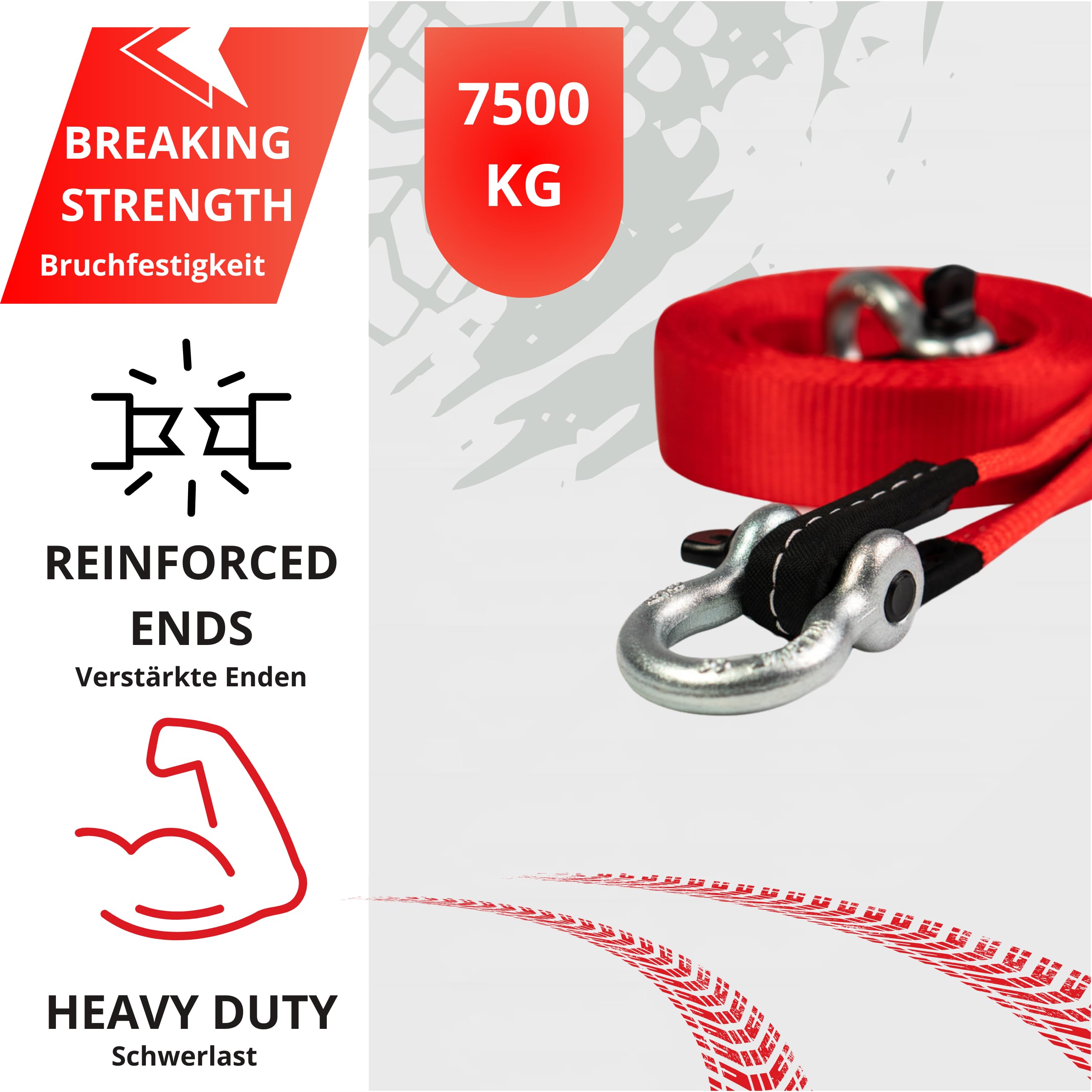 INTAKO Sangle de Remorquage 5M (7,5 Tonnes) avec Manilles - Norme en 1492-1 - Corde de Remorquage pour Voiture - Sangle de Traction Ultra Résistante