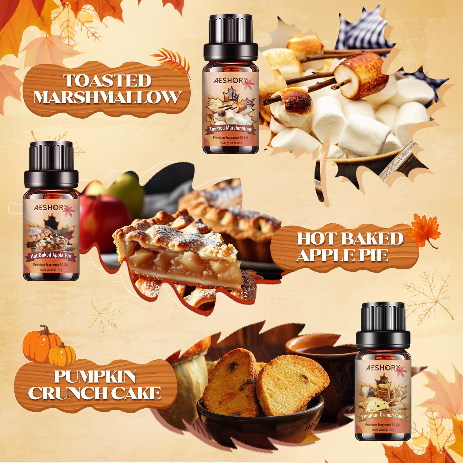 AESHORY Jesienny zestaw olejków eterycznych do dyfuzora, 6 x 10 ml, olejek zapachowy do aromaterapii, zestaw upominkowy do SPA, produkcja świec - chrupiące ciasto dyniowe, jesienne liście, prażone
