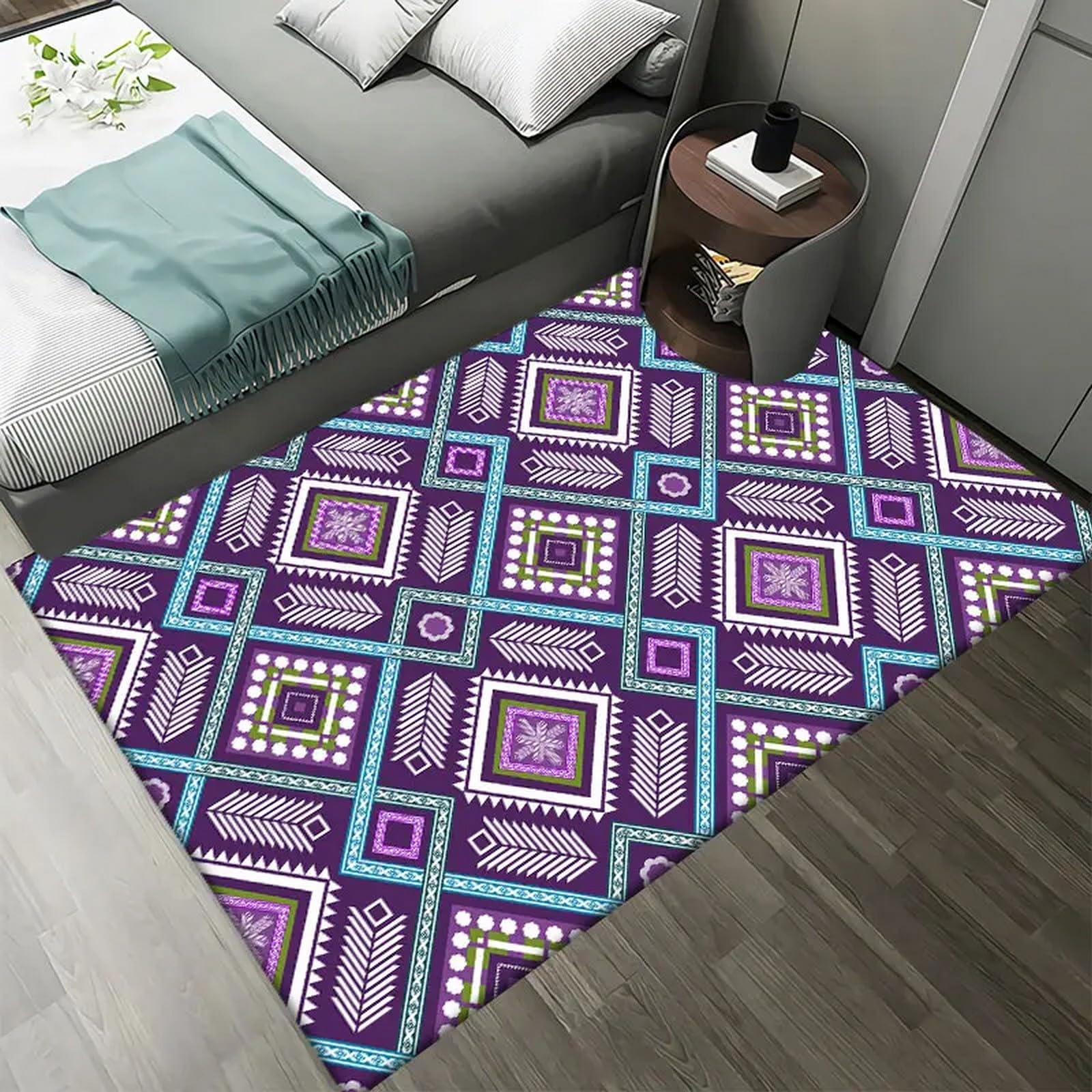 Tapis antidérapant poils courts 120x160 cm résistant aux taches motif fleur 3D